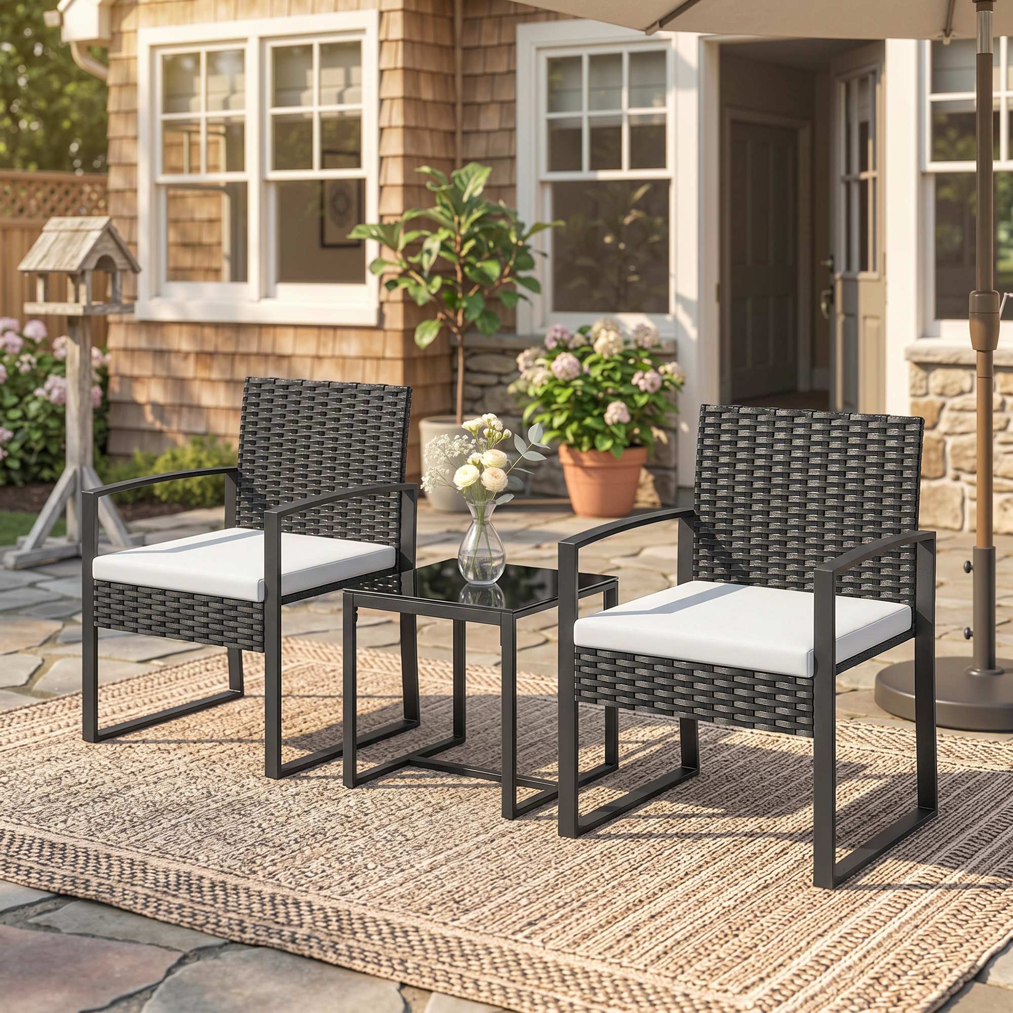 Outdoor Bistro Set, 3 Piece Wicker Patio Furniture Set with Glass Top Table and Cushions for Porch, Balcony, Cream White