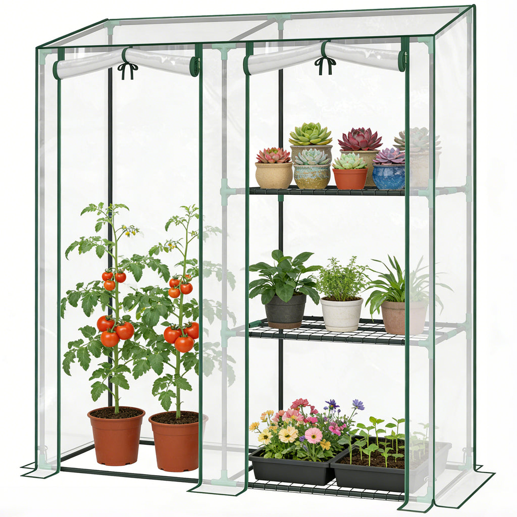 Mini Greenhouse, Portable Greenhouse with 3 Shelves, 2 Roll-up Doors, 56.3" x 17.7" x 59.4", Clear