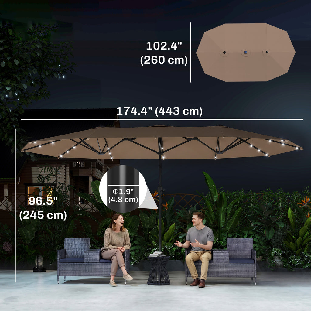 174" Double-Sided Sun Umbrella Garden Parasol Patio Sun Shade Outdoor with LED Solar Light, Khaki