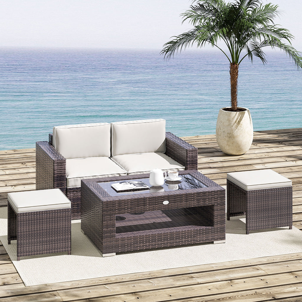 2-Tier Rattan Patio Coffee Table Wicker Patio Tea End Desk with Tempered Glass Top & Storage for Balcony, Backyard, Poolside