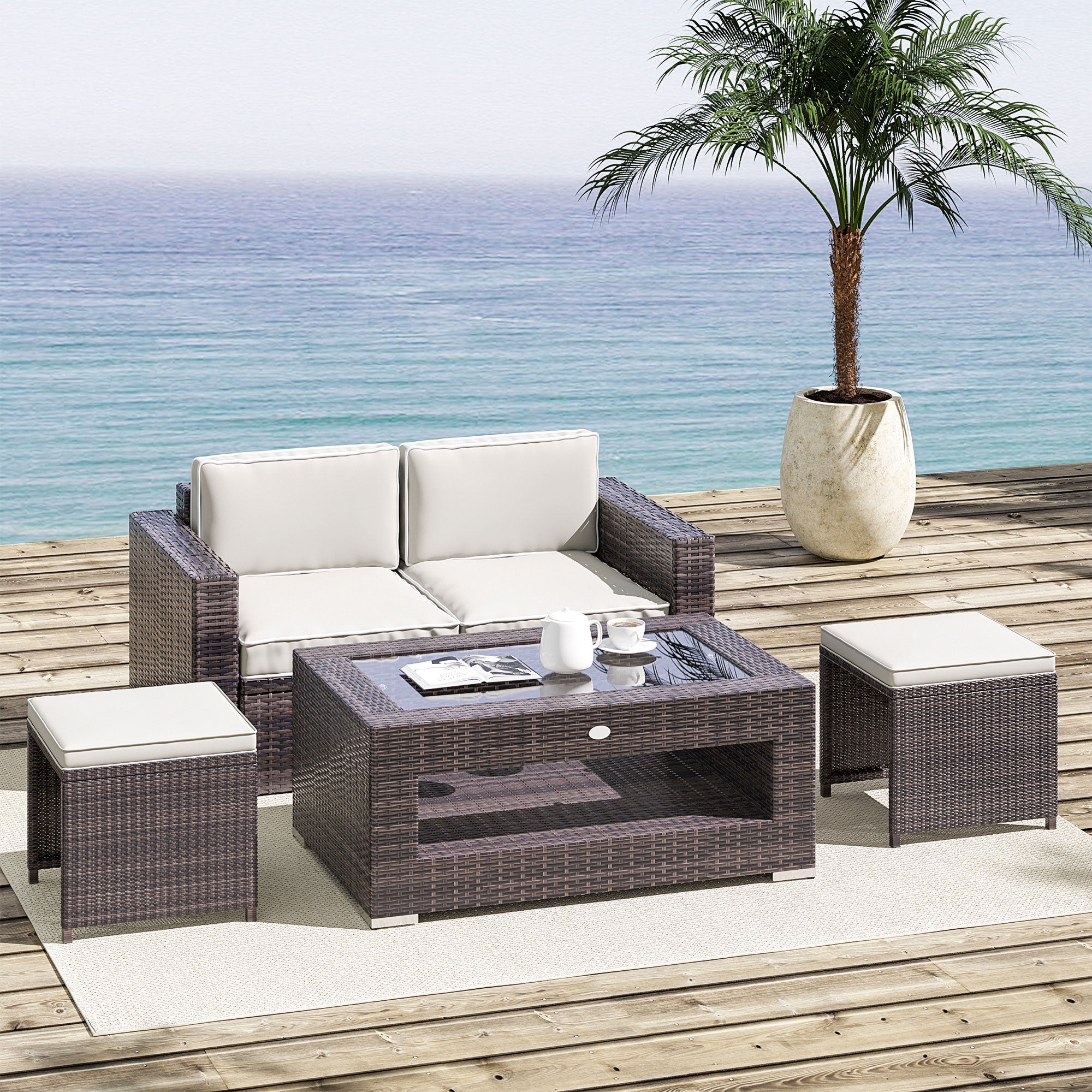 2-Tier Rattan Patio Coffee Table Wicker Patio Tea End Desk with Tempered Glass Top & Storage for Balcony, Backyard, Poolside