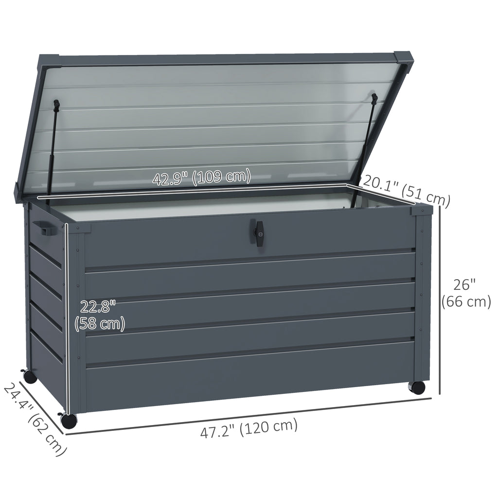 82 Gallon Garden Storage Box, Waterproof Outdoor Storage Container with Wheels and Handles, Dark Grey