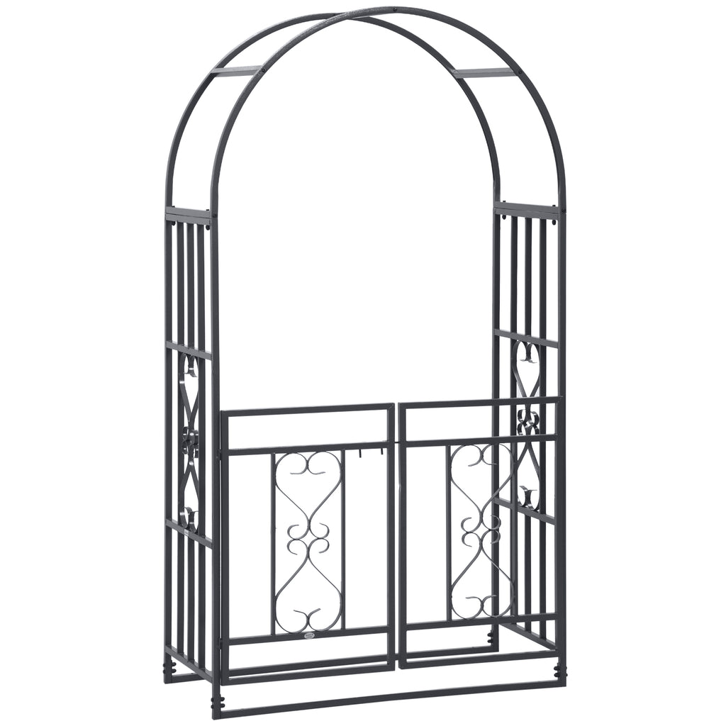 6.7 FT Steel Garden Arch with Gate Outdoor Courtyard Arbor for Climbing Vine Plants Lawn Backyard Decoration Dark Grey