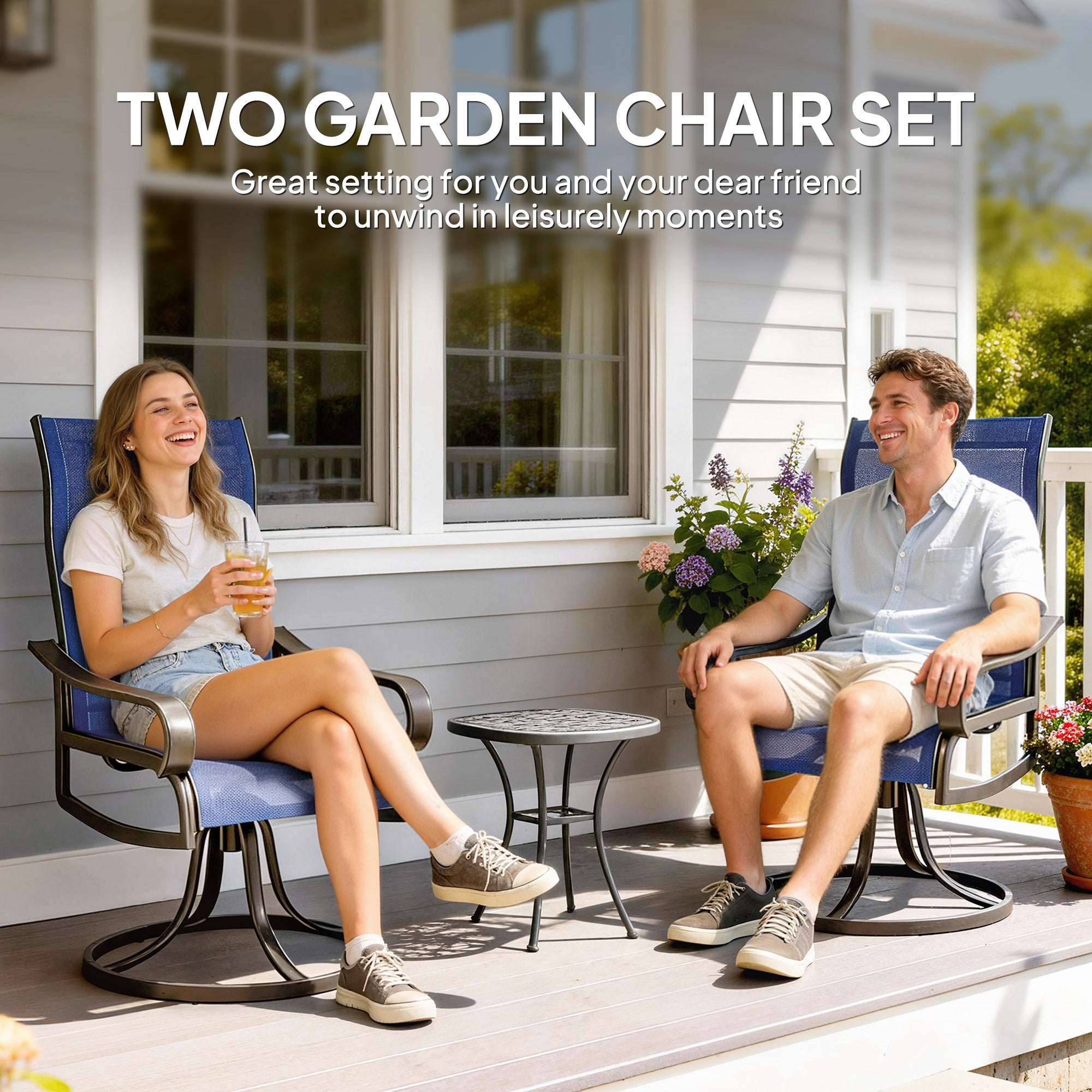 Patio Dining Chairs Set of 2, 360Â° Swivel Rocking Outdoor Chairs with Armrests, Breathable Mesh, Navy Blue