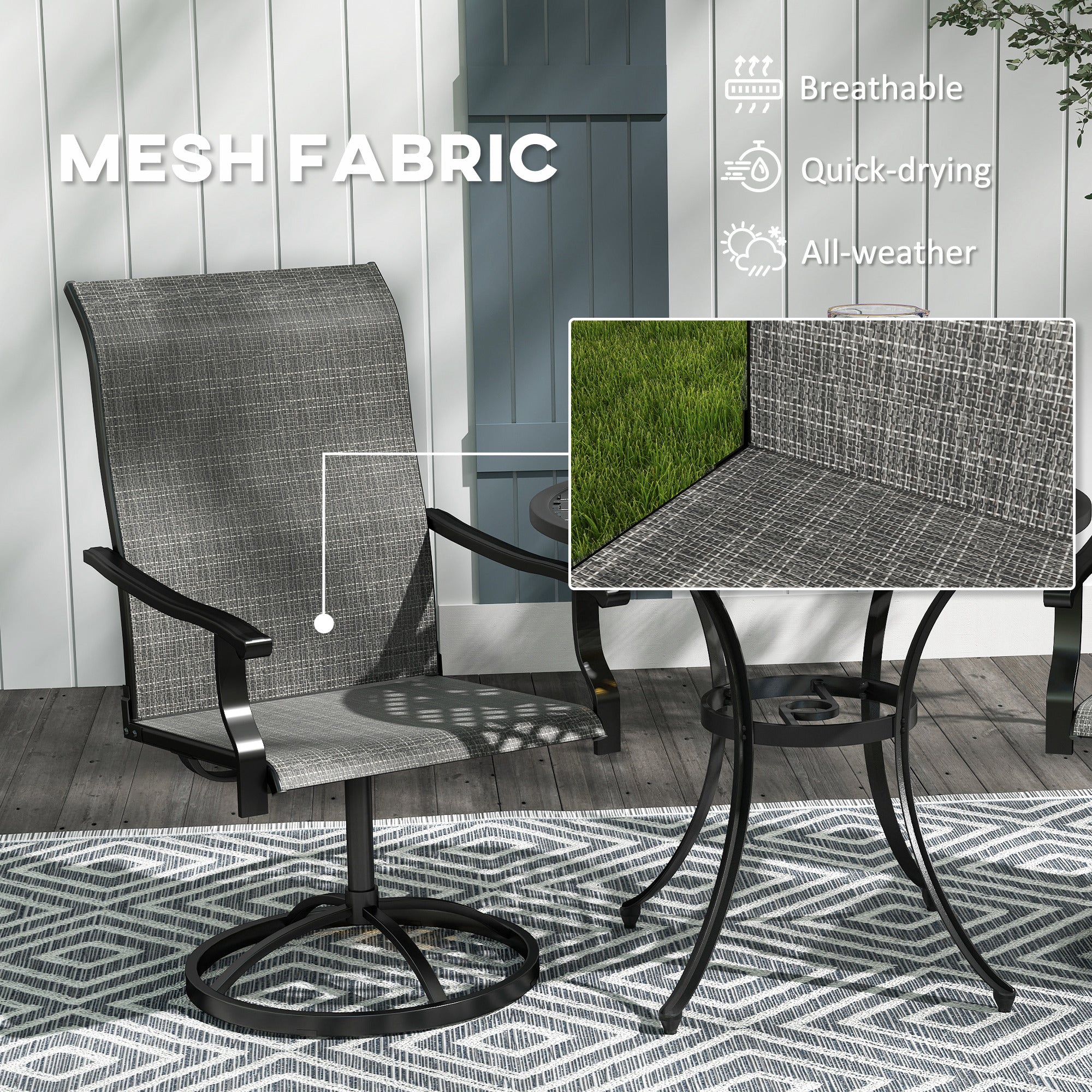 Outdoor Swivel Dining Chairs Set of 2, High Back Swivel Chairs with All Weather Mesh for Deck, Backyard, Poolside, Grey
