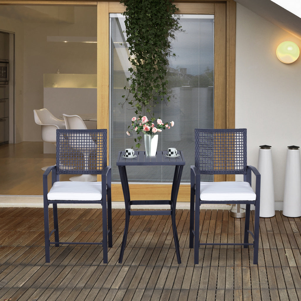3 Pieces Outdoor Wicker Bar Set, Classic Bistro Bar Set Garden Rattan Style Patio Bar Table & High Chairs w/ Cushions Home Bar Furniture, Cream White