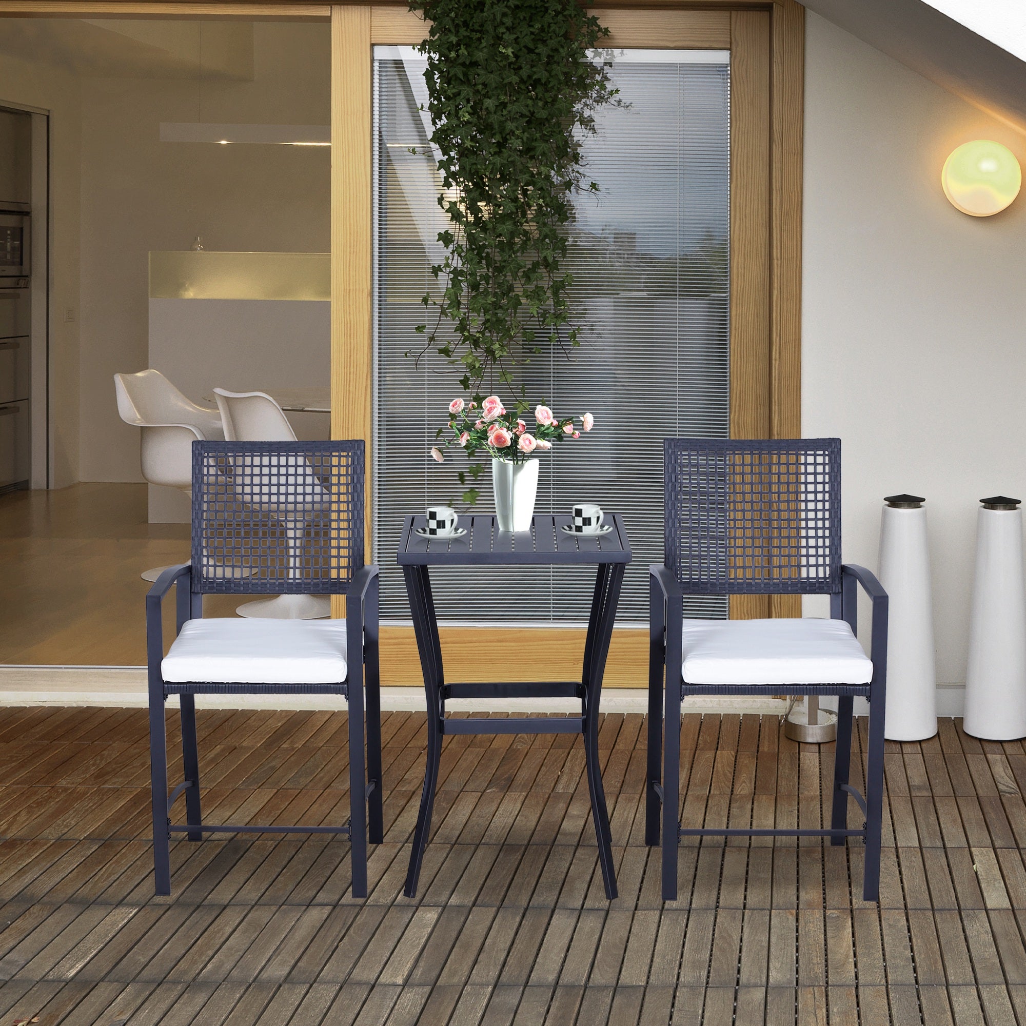 3 Pieces Outdoor Wicker Bar Set, Classic Bistro Bar Set Garden Rattan Style Patio Bar Table & High Chairs w/ Cushions Home Bar Furniture, Cream White