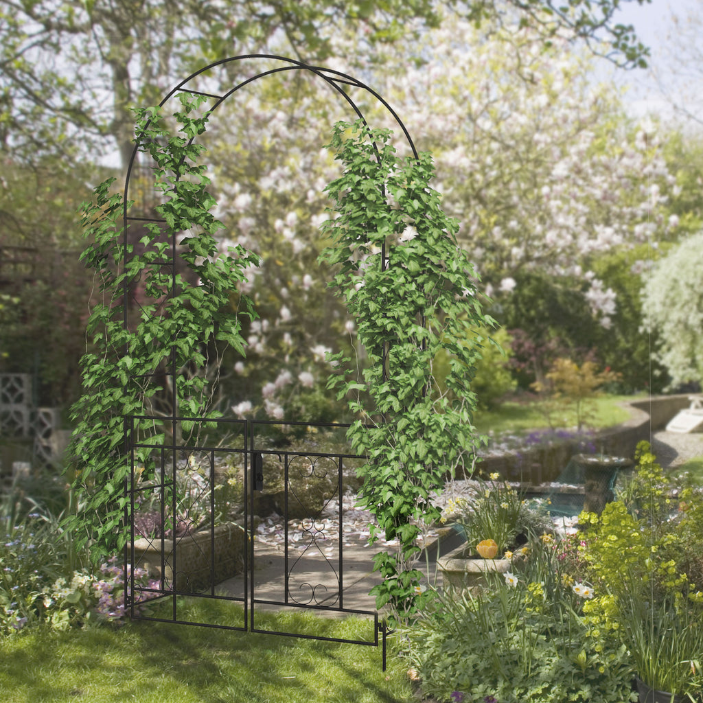 7.6FT Metal Garden Arch with Gate, Garden Arbor Trellis for Climbing Plants, Roses, Vines, Wedding Arch, Black