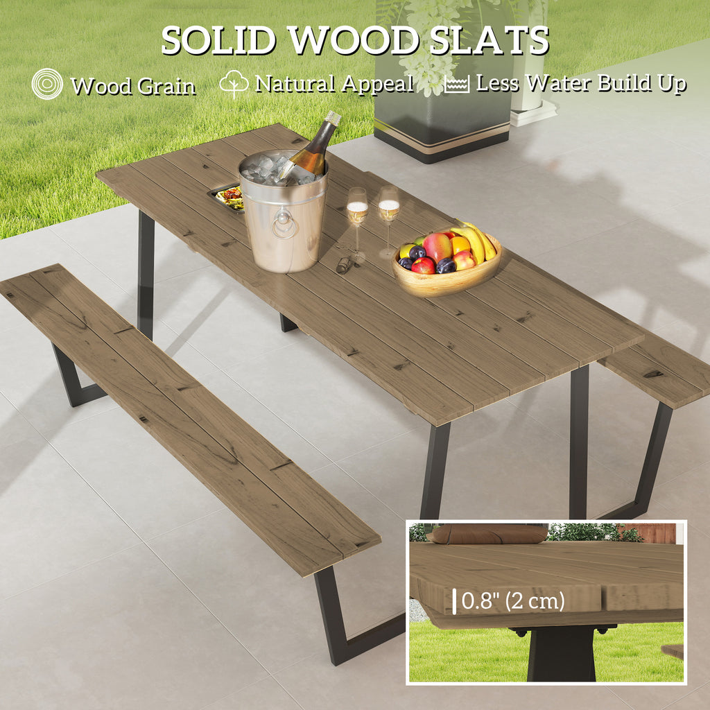 5.7 FT Outdoor Picnic Table with 2" Umbrella Hole, Spruce Wood Dining Table and 795 LBS Benches with Steel Frame, Brown