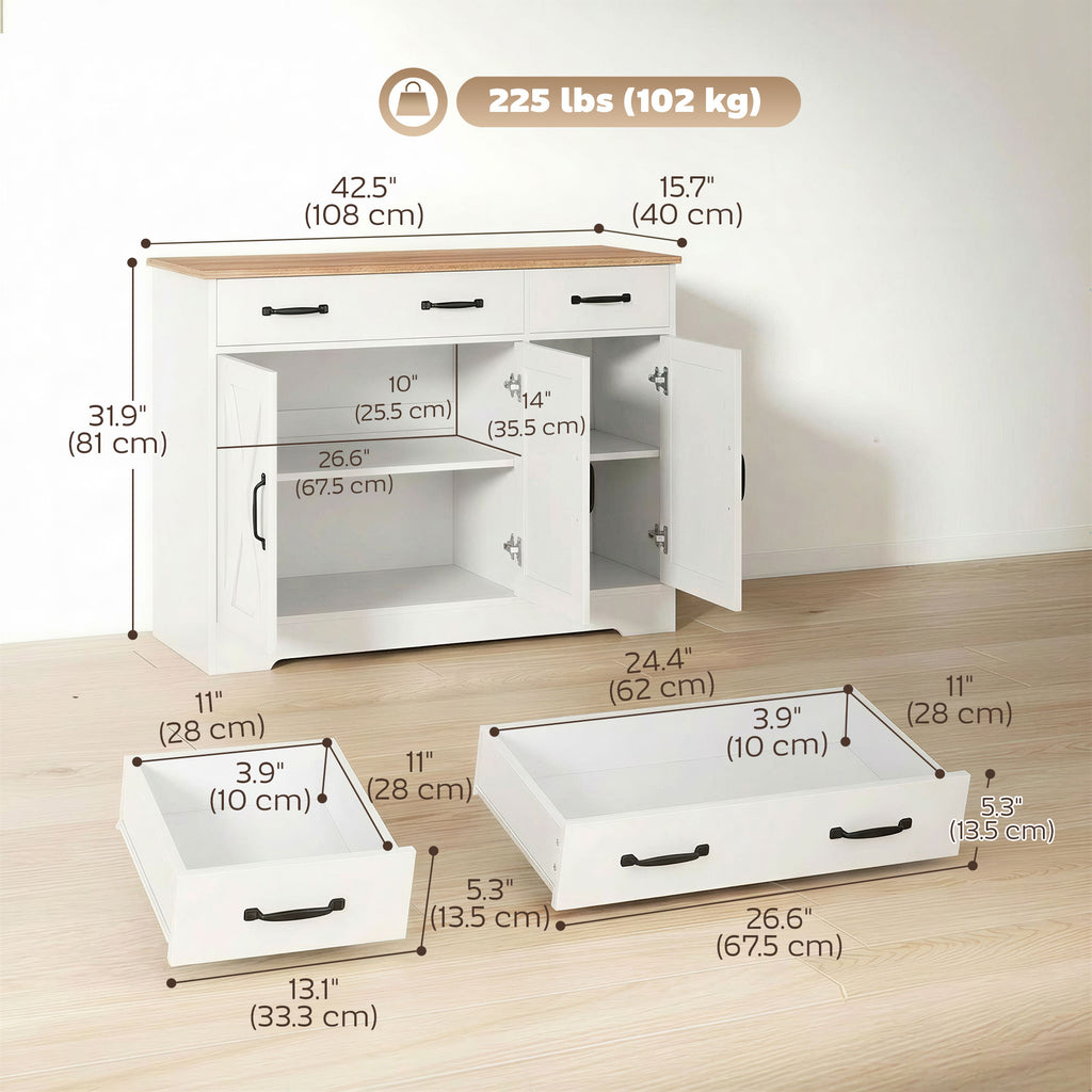 Sideboard Buffet Cabinet, 43" Farmhouse Kitchen Cabinet with 3 Barn Doors, 2 Drawers, 2 Adjustable Shelves, White