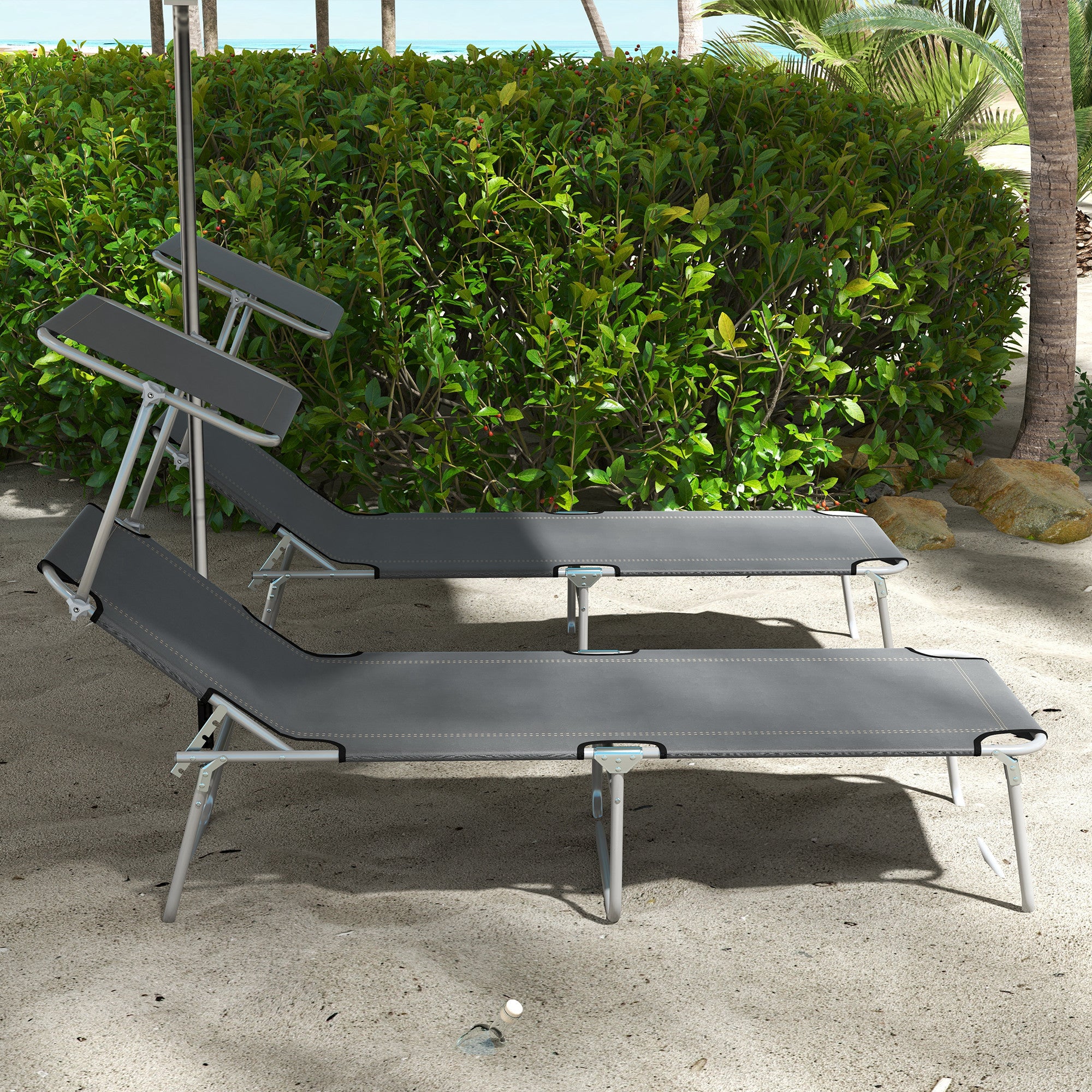 2Pcs Outdoor Lounge Chair, Adjustable Folding Chaise Lounge with Sun Shade for Beach, Camping, Hiking, Grey