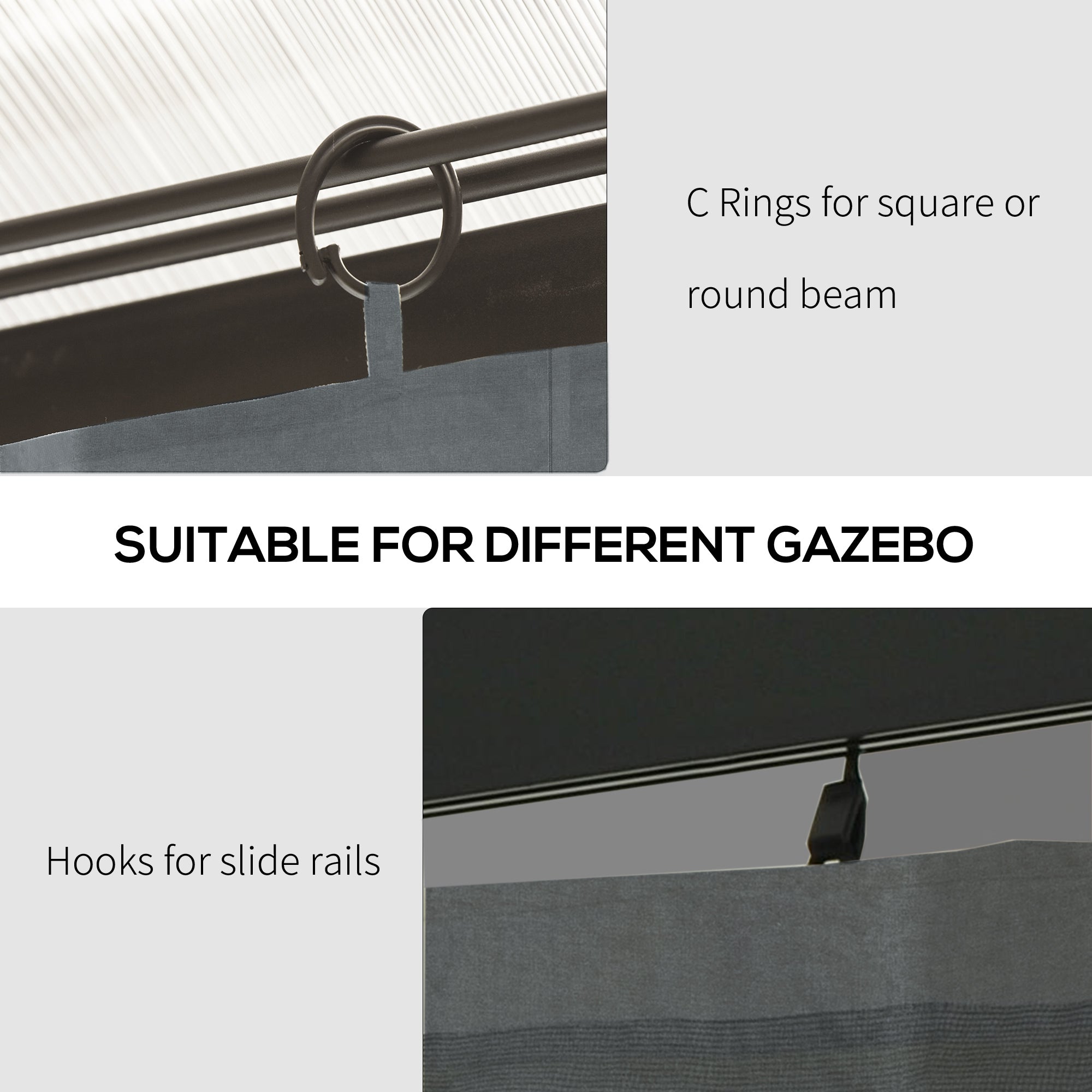 Gazebo Curtains, 10' x 10' Universal Replacement Privacy Curtain, 4-Panels Sidewall with Hooks/C-Rings, Slate Grey