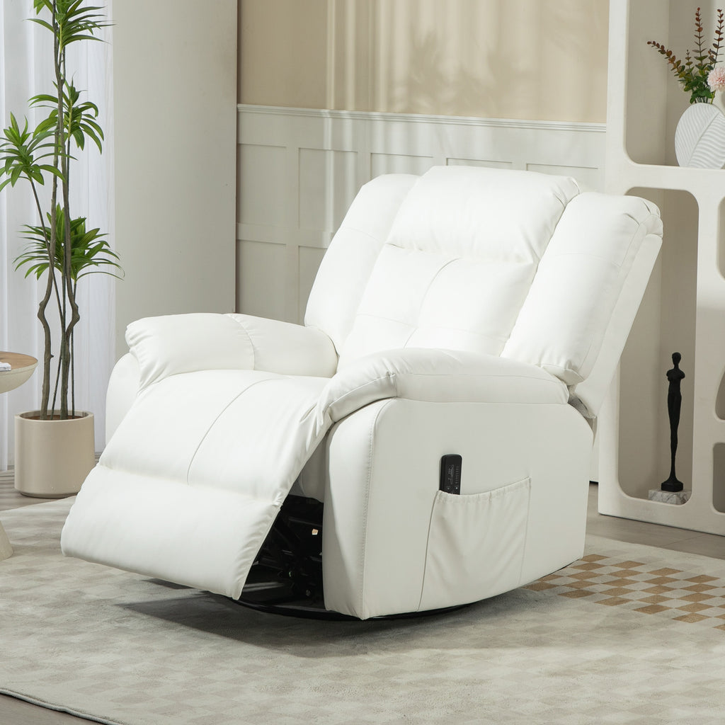 8-Point Vibration Massage Recliner Chair, PU Leather Manual Reclining Sofa, Swivel Nursery Rocking Chair with Remote Control, Side Pockets, for Living Room, Cream White