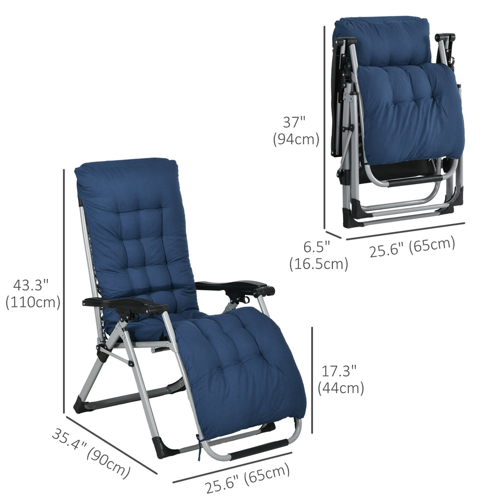 Folding Garden Chairs Set of 2, Reclining Zero Gravity Chair, Sun Lounger with Cushion and Headrest, Dark Blue