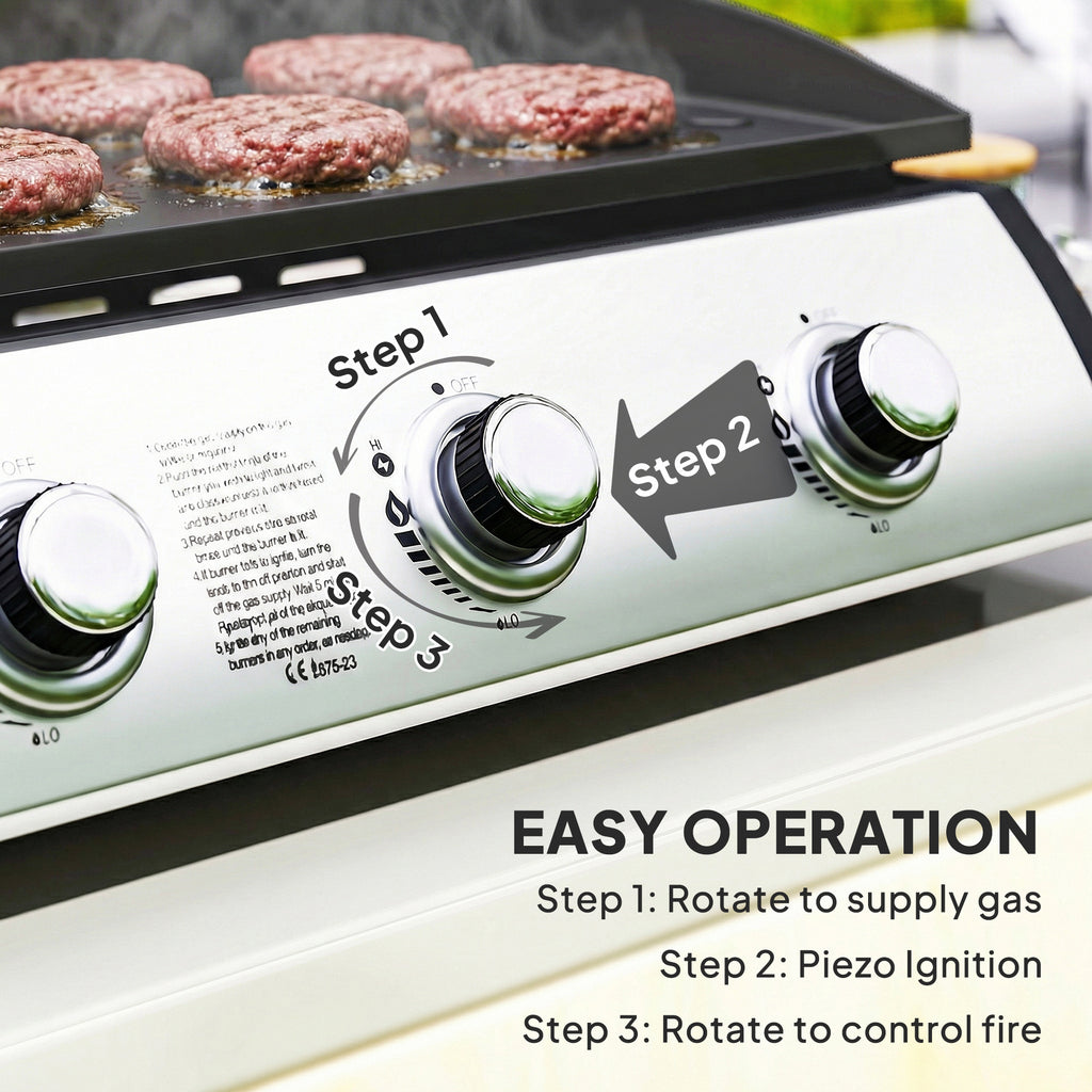 Propane Gas Grill with 3 Main Burners, 8530 BTU Outdoor BBQ Grill Cart with Non-Stick Griddle and Lid, Black