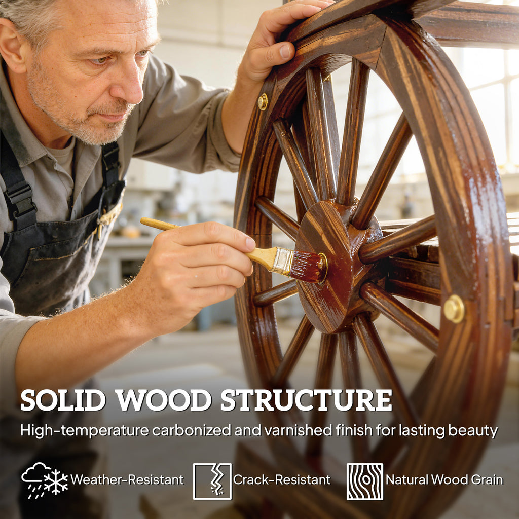 Wood Outdoor Patio Chair, Lounge Chair with Wagon Wheel Armrests, Slatted Wide Seat, Slanted Backrest, Carbonized