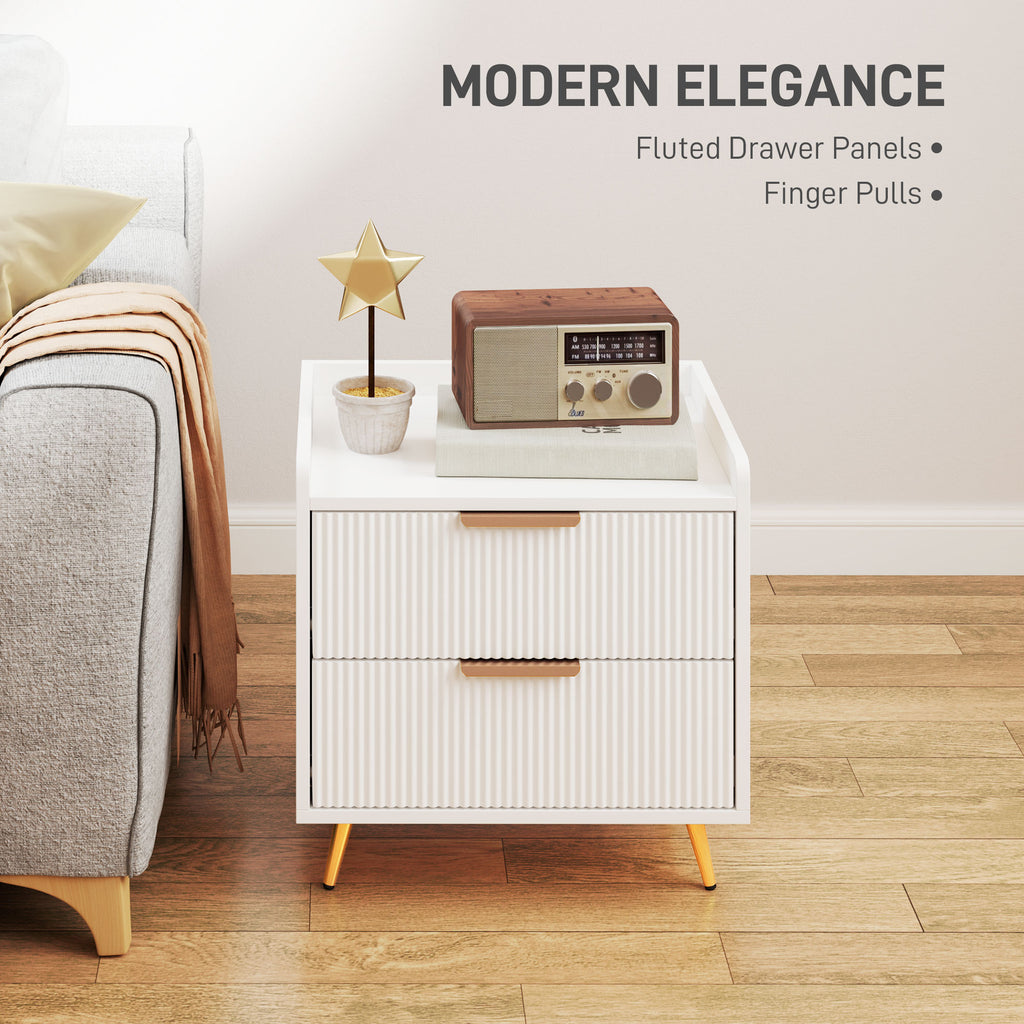 Bedside Table, Nightstand with 2 Drawers, Side End Table with Metal Legs for Bedroom, White