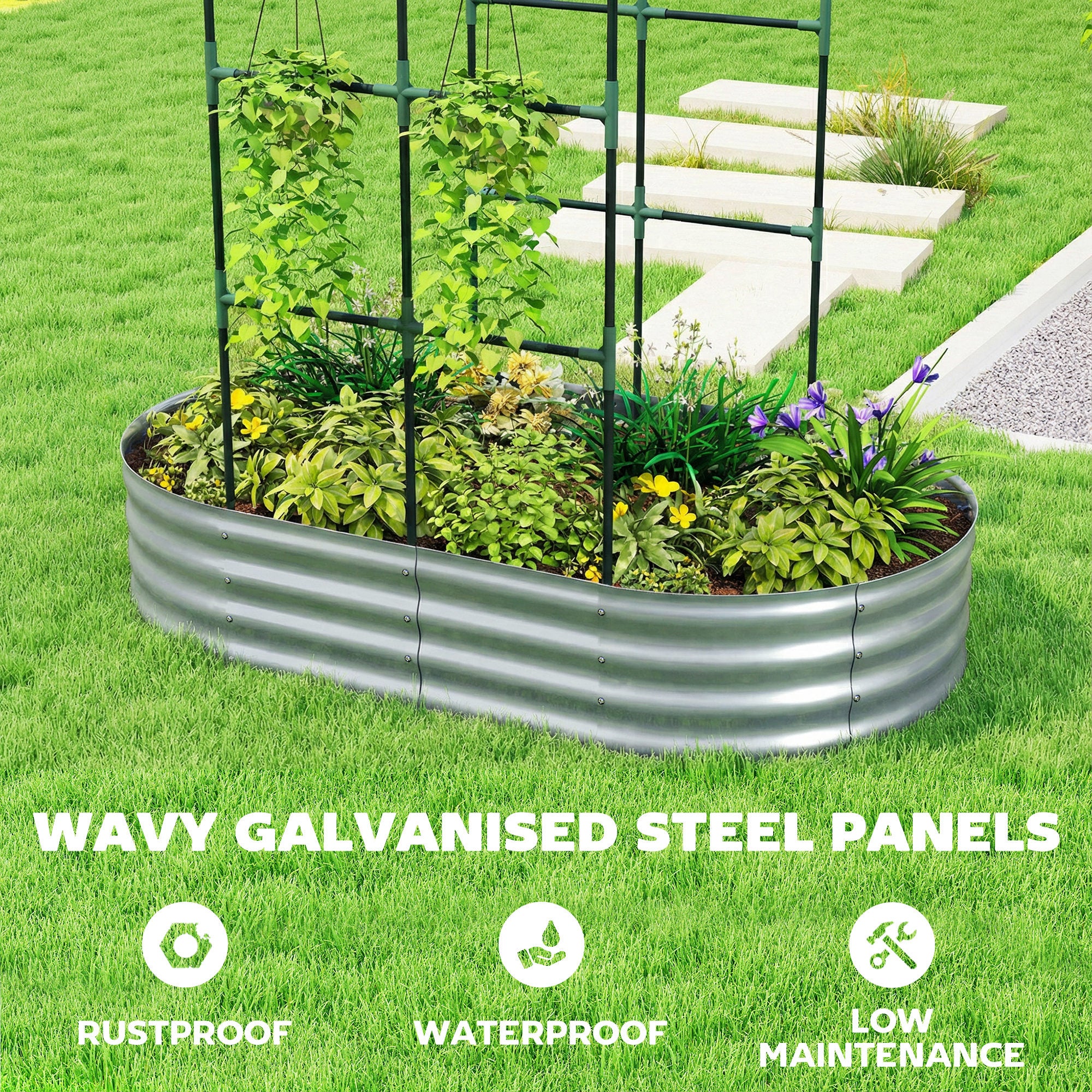 Galvanised Raised Garden Bed with Arched Trellis, 5 x 3 x 6ft Metal Outdoor Planter Box with Open Bottom, Silver