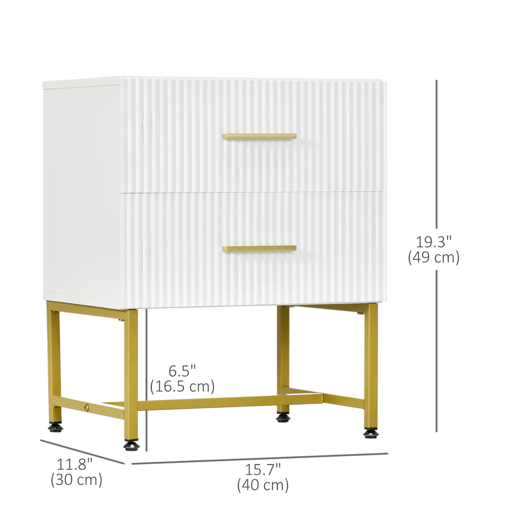 2 Pieces Nightstands with Storage, Modern Bedside Tables with 2 Fluted Drawers and Gold Legs for Bedroom, White
