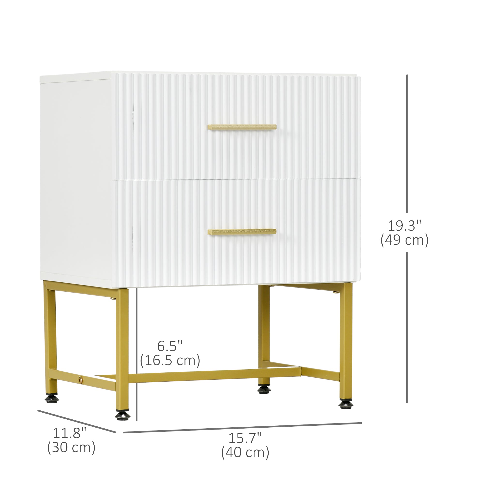 2 Pieces Nightstands with Storage, Modern Bedside Tables with 2 Fluted Drawers and Gold Legs for Bedroom, White