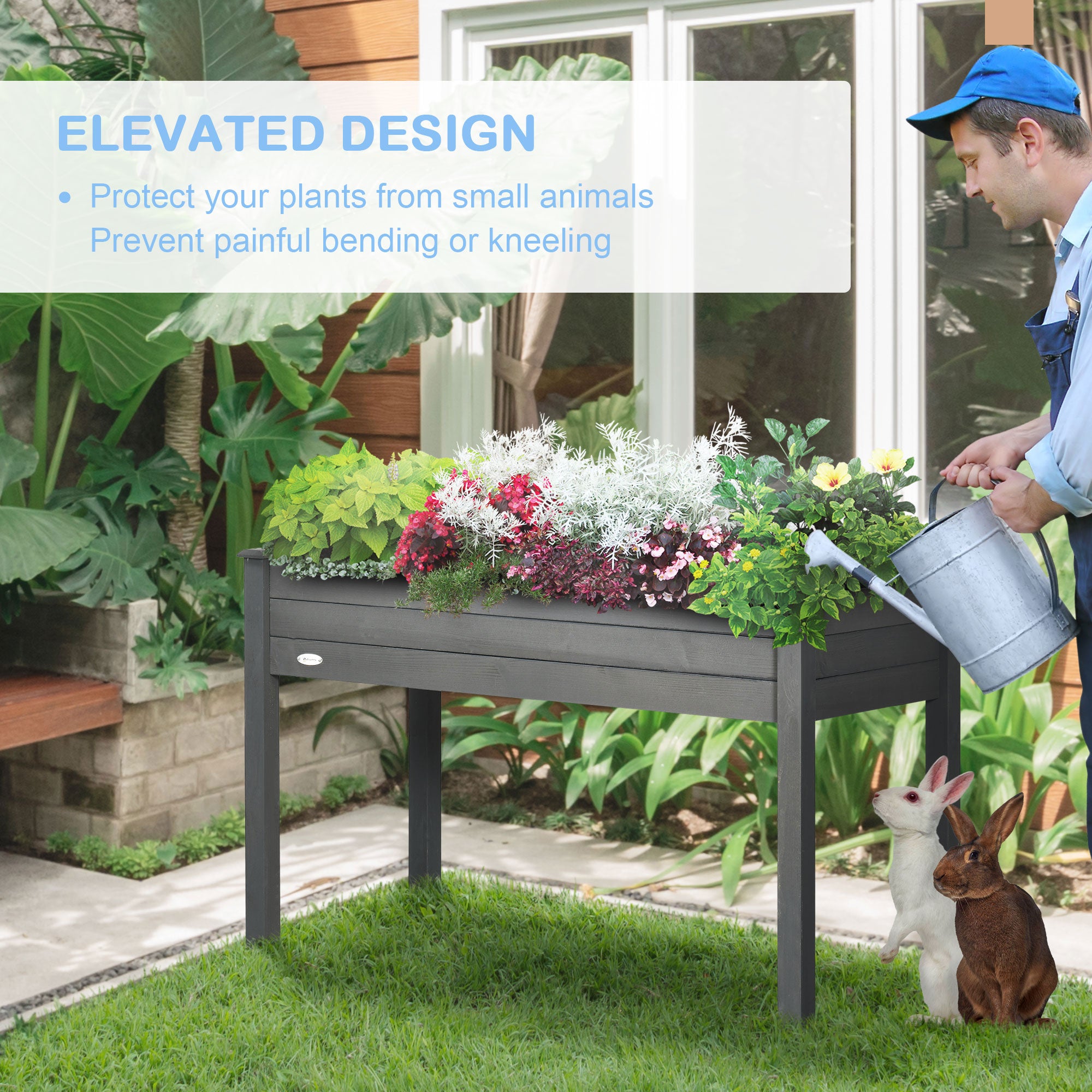 48" x 22" x 30" Wooden Patio Raised Garden Bed Planter, Elevated Planter Box with Legs, Outdoor Flower Stand with Inner Bag, Dark Grey