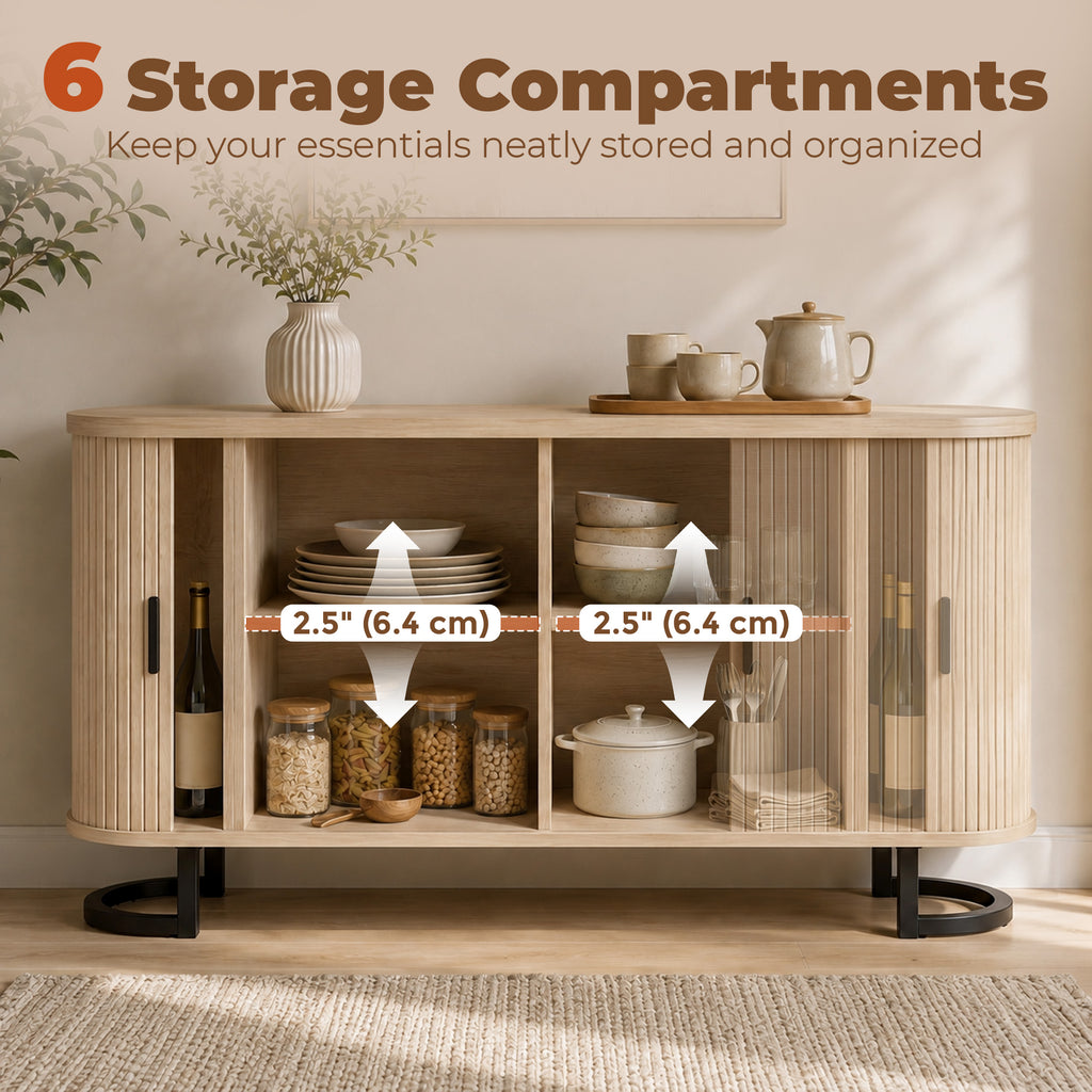Fluted Sideboard Buffet Cabinet, 55" Modern Coffee Bar Cabinet with Sliding Doors and Adjustable Shelves, Natural