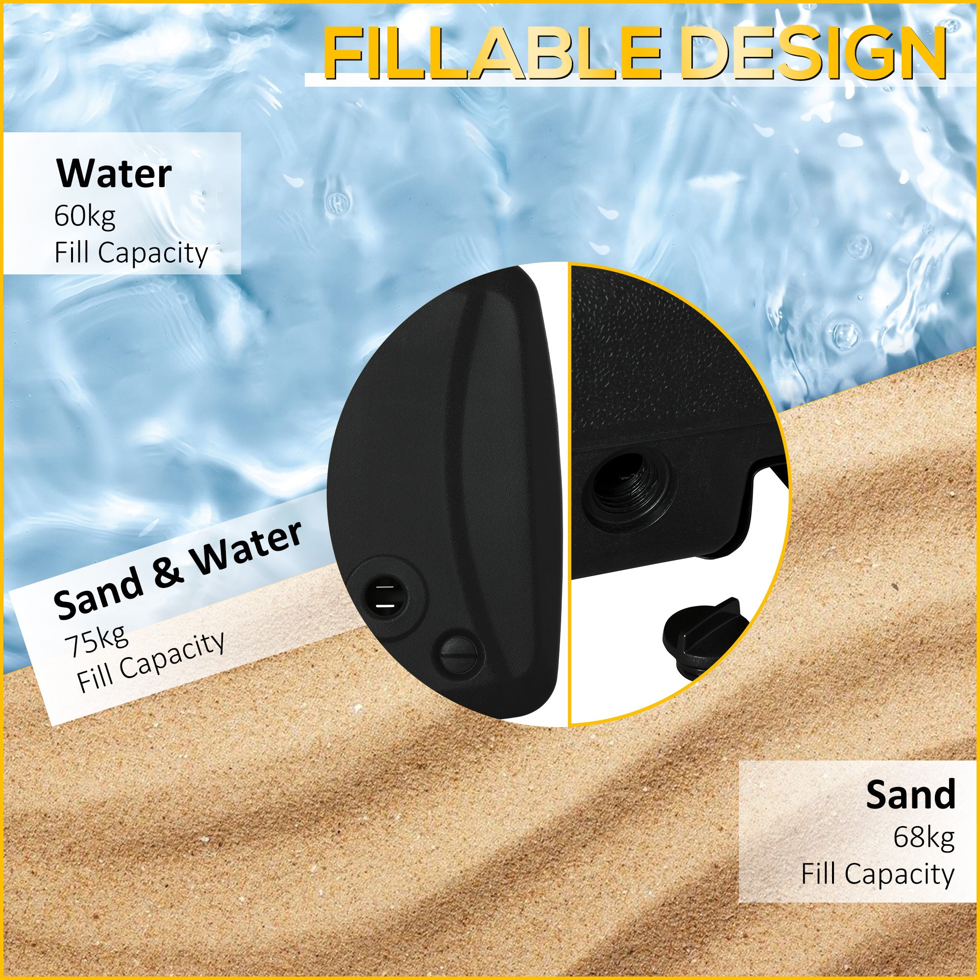 Cantilever Offset Umbrella Base Portable Square Parasol Weights with Wheels, Water and Sand Filled, Up to 165 lbs, Black
