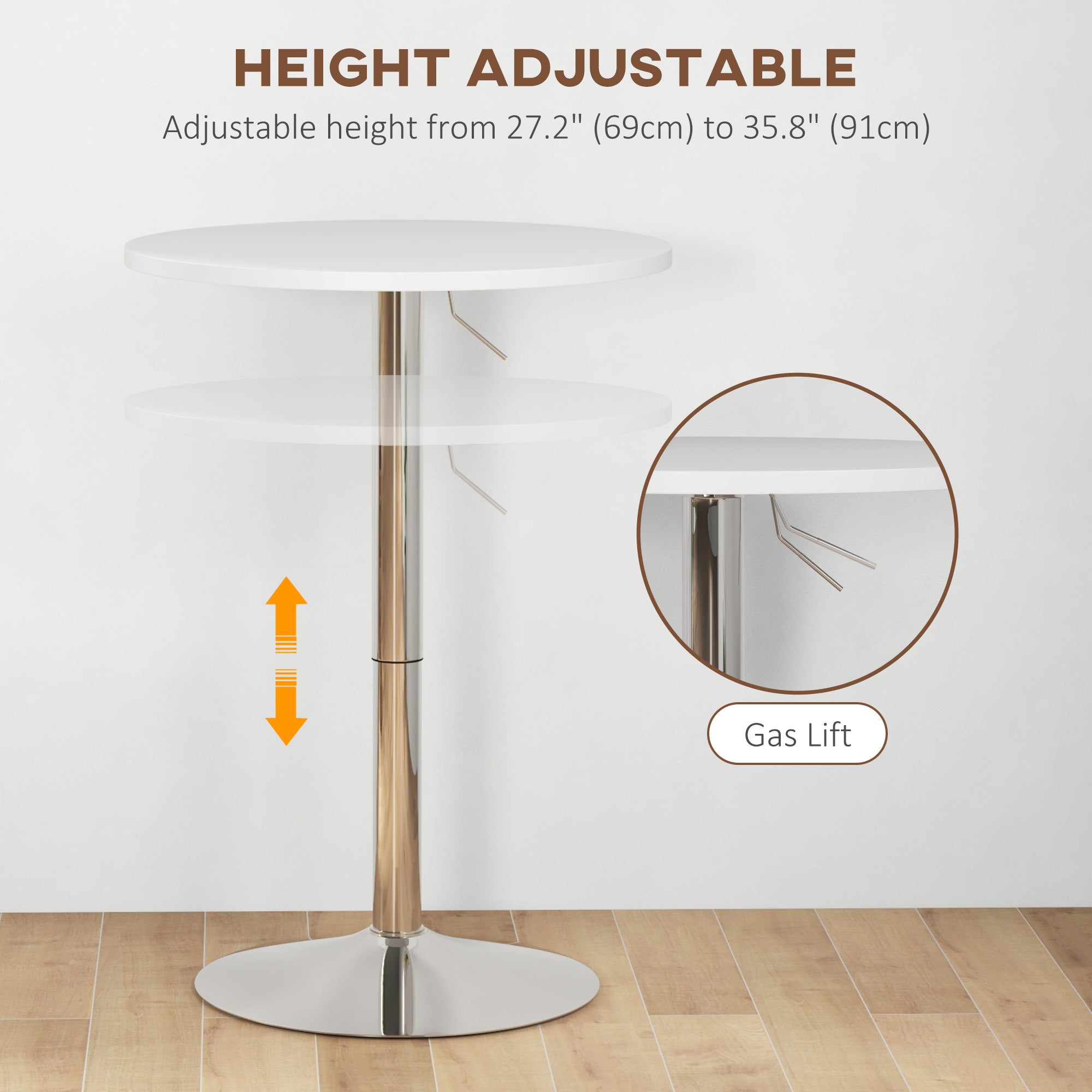 High Top Bar Table, Adjustable Round Kitchen Table with Swivel Top and Steel Base, Bistro Table for 2 People, White