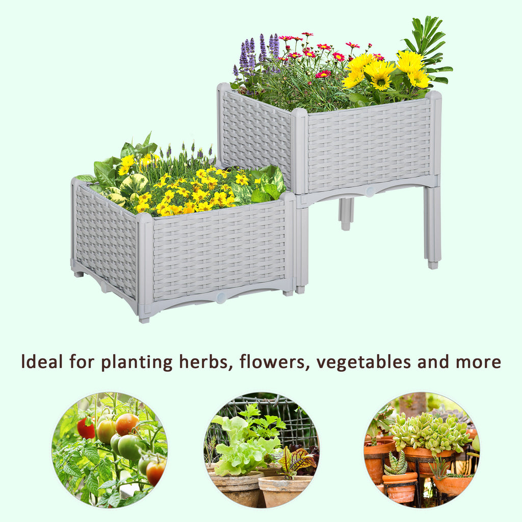 2 Piece Raised Garden Bed PP Raised Flower Bed Vegetable Herb Grow Box Stand Light Grey