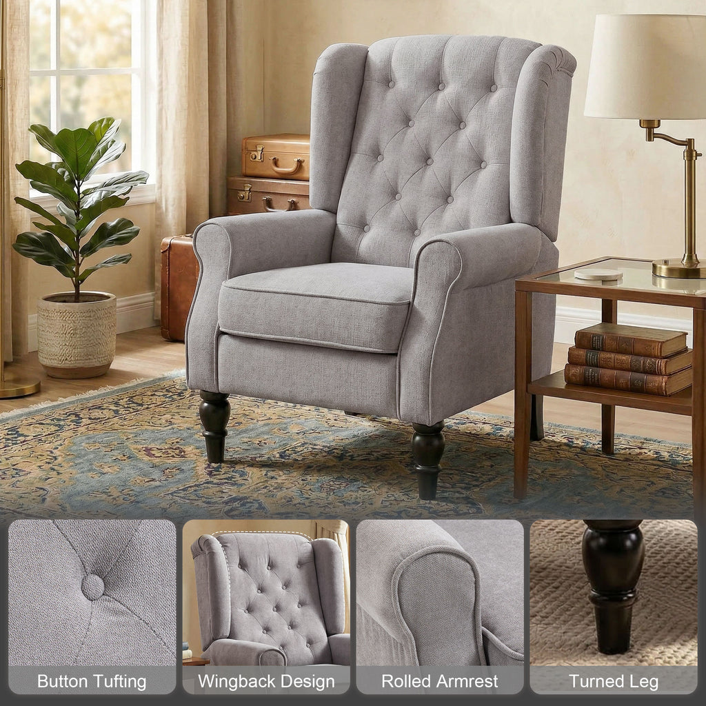 Fabric Accent Chair, Button Tufted Armchair, Upholstered Modern Living Room Chair, Wingback Chair with Wood Legs, Rolled Arms, Thick Padding for Bedroom, Grey