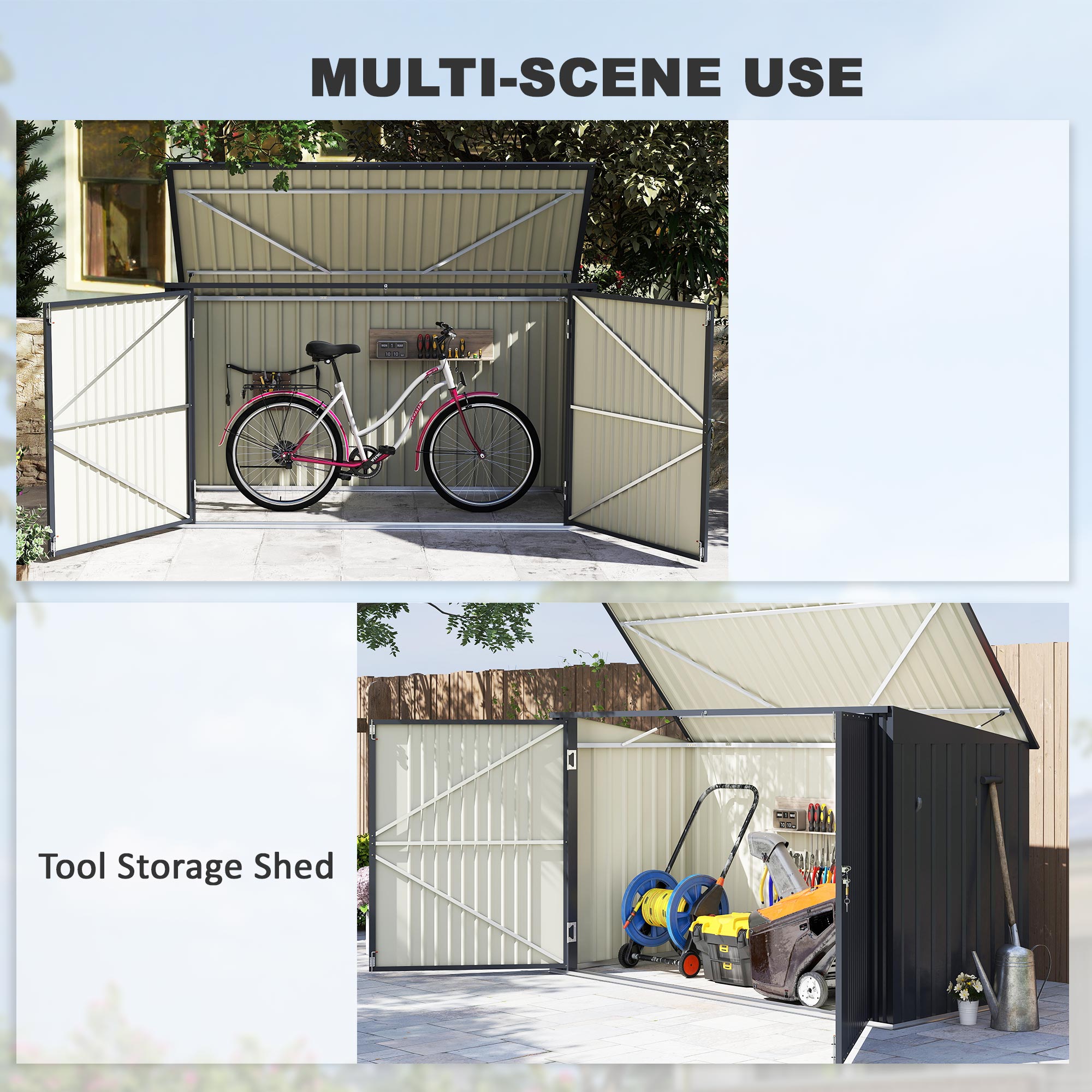 7.6 x 3.4ft Outdoor Storage Shed, Triple Garbage Bin Shed Organizer with Lockable Double Doors and Openable Lid