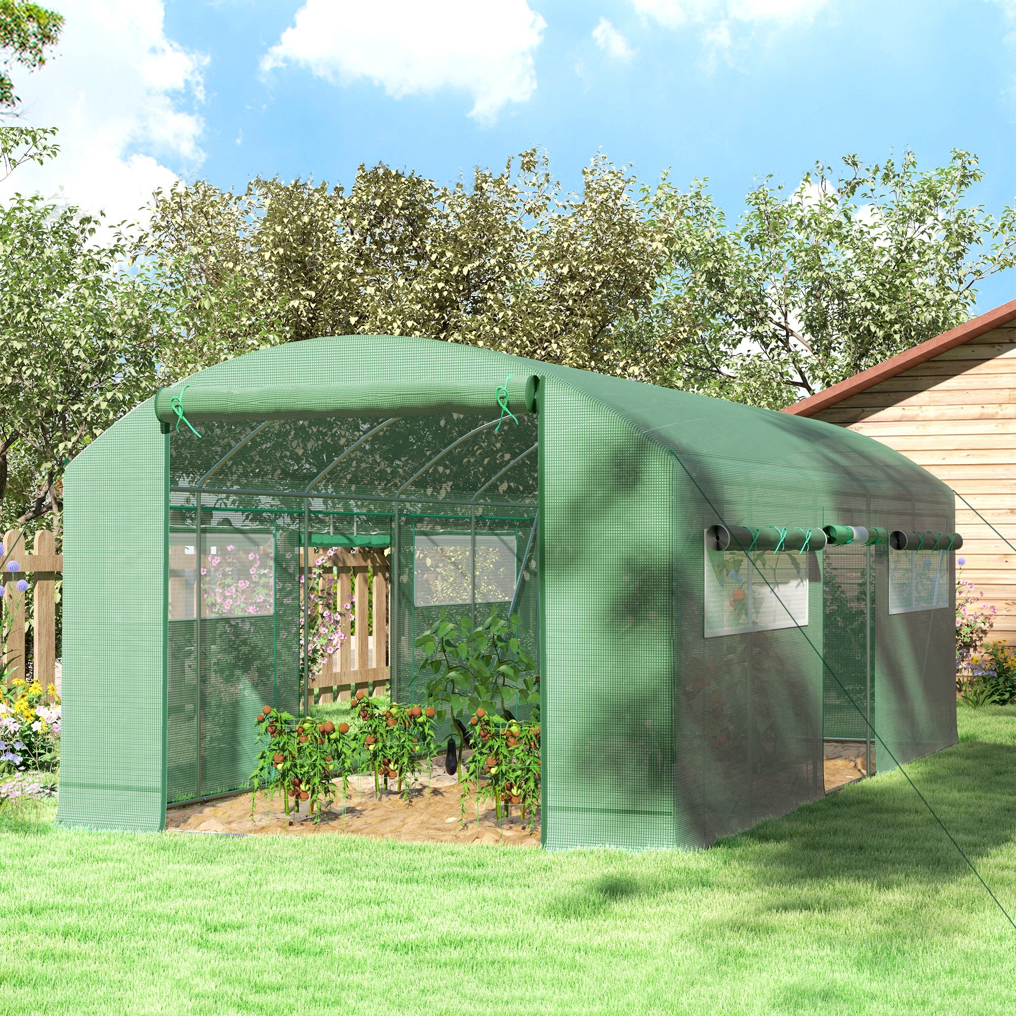 19.5' x 10' x 7.5' Tunnel Greenhouse with 3 Roll-Up Doors and Large Mesh Windows, Galvanized Steel Frame, Wind Resistant, Green