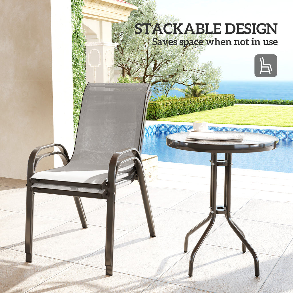 3 Pieces Bistro Set, Small Patio Furniture Set with Stackable Mesh Chairs, Glass Table for Garden, Balcony, Light Grey