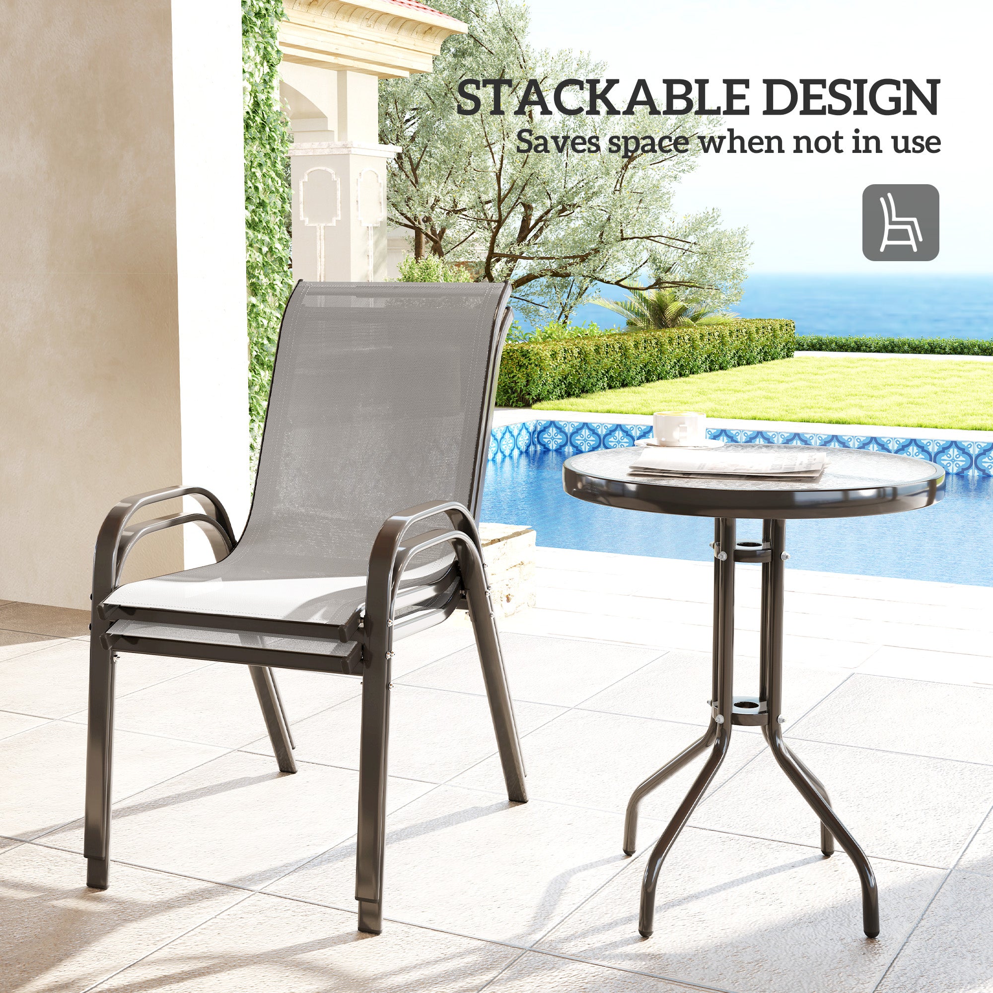 3 Pieces Bistro Set, Small Patio Furniture Set with Stackable Mesh Chairs, Glass Table for Garden, Balcony, Light Grey