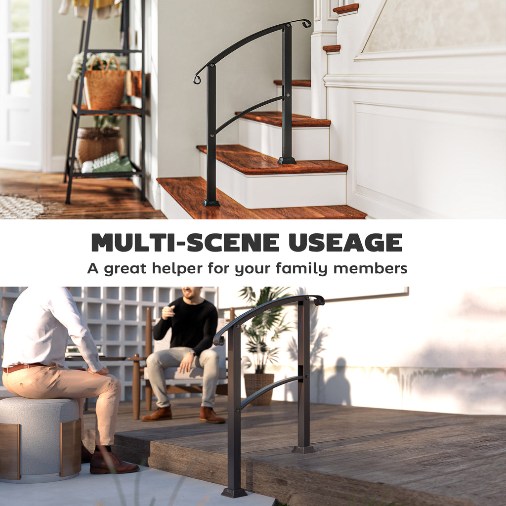 1-3 Step Handrails for Outdoor Steps, Porch Deck Railing, Metal Outdoor Stair Railing with Installation Kit, Black
