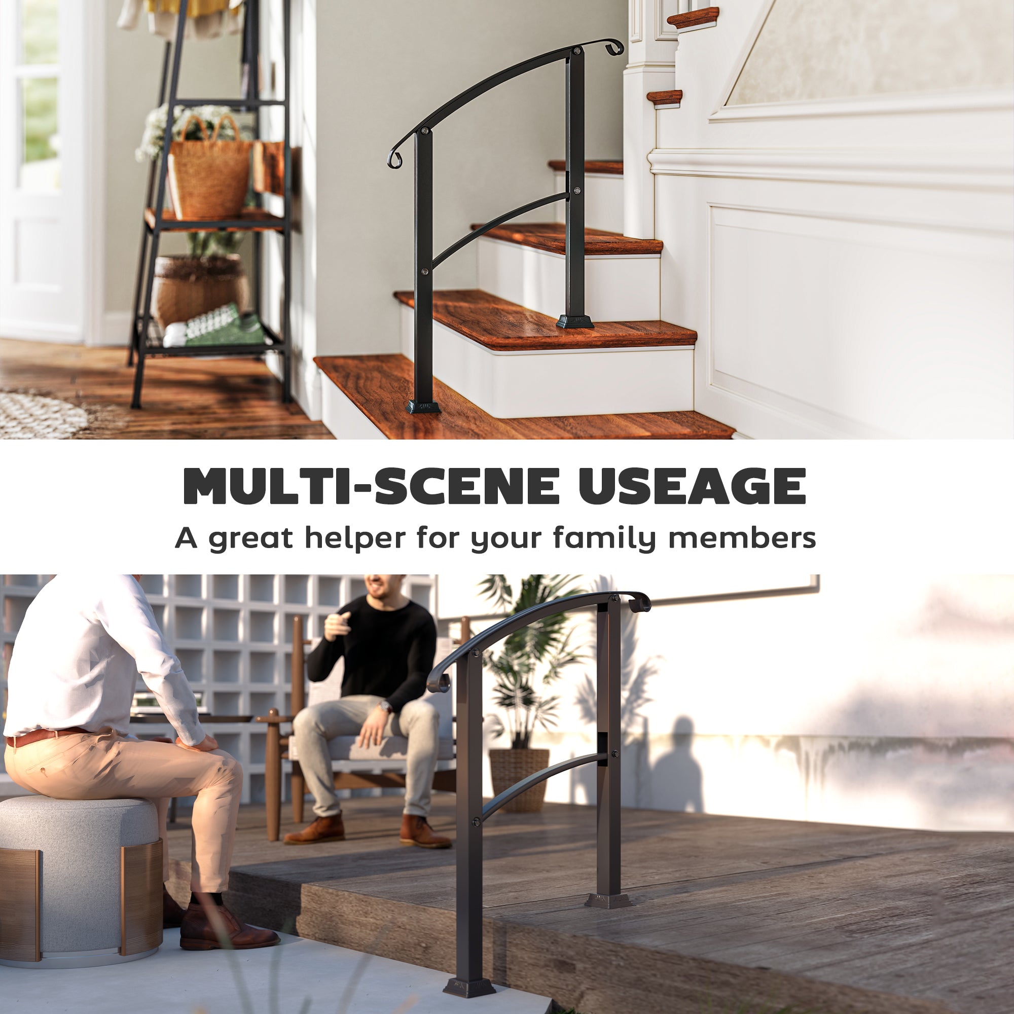 1-3 Step Handrails for Outdoor Steps, Porch Deck Railing, Metal Outdoor Stair Railing with Installation Kit, Black
