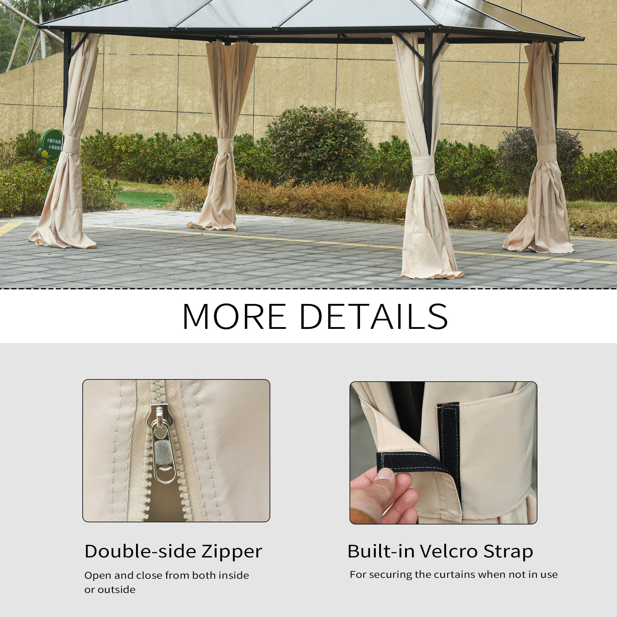Gazebo Curtains, 10' x 10' Universal Replacement Privacy Curtain, 4-Panels Sidewall with Hooks/C-Rings, Beige