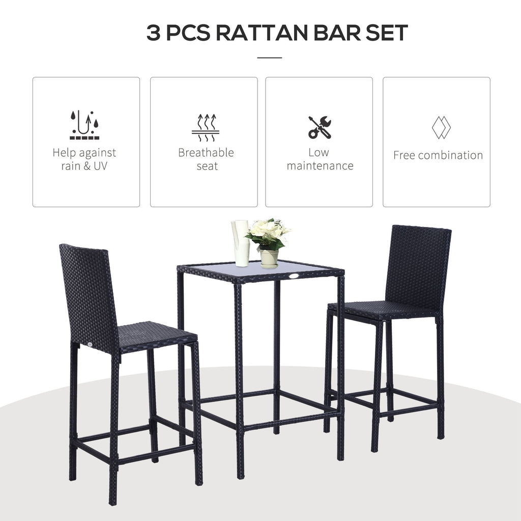 3 Piece Patio Bar Set Wicker Rattan Garden Bistro Set Barstool and Table for Patio Backyard Balcony Poolside, Black