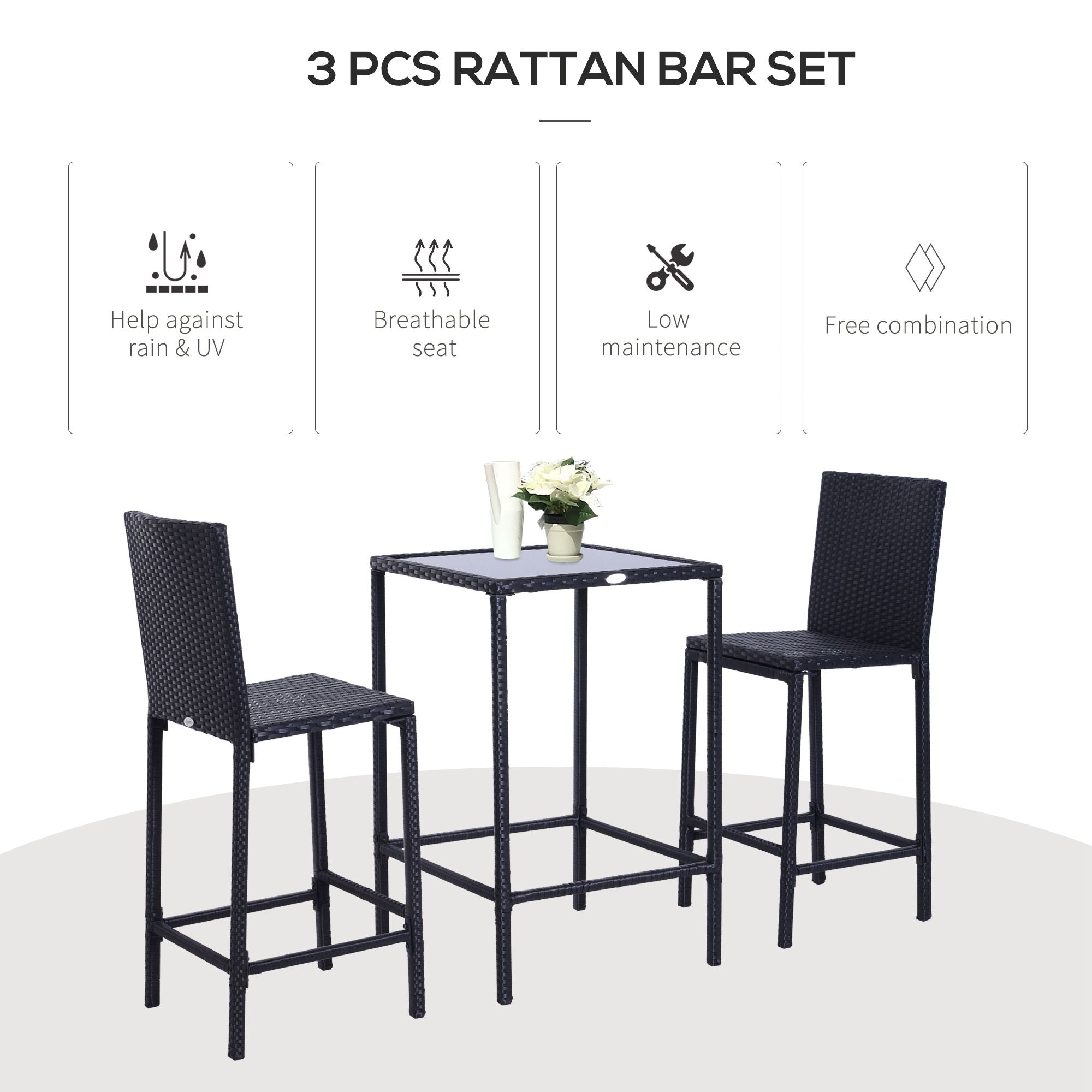3 Piece Patio Bar Set Wicker Rattan Garden Bistro Set Barstool and Table for Patio Backyard Balcony Poolside, Black