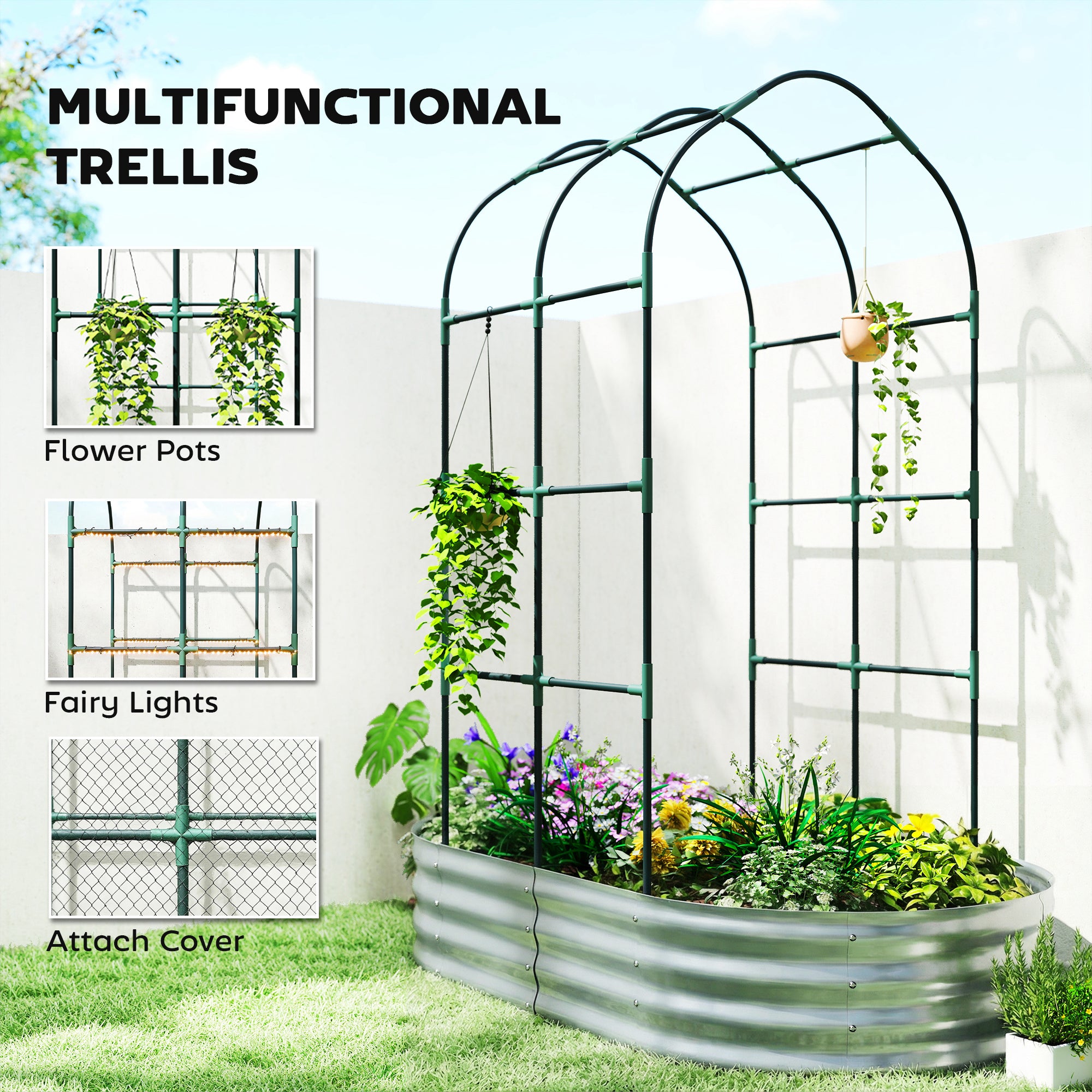 Galvanised Raised Garden Bed with Arched Trellis, 5 x 3 x 6ft Metal Outdoor Planter Box with Open Bottom, Silver