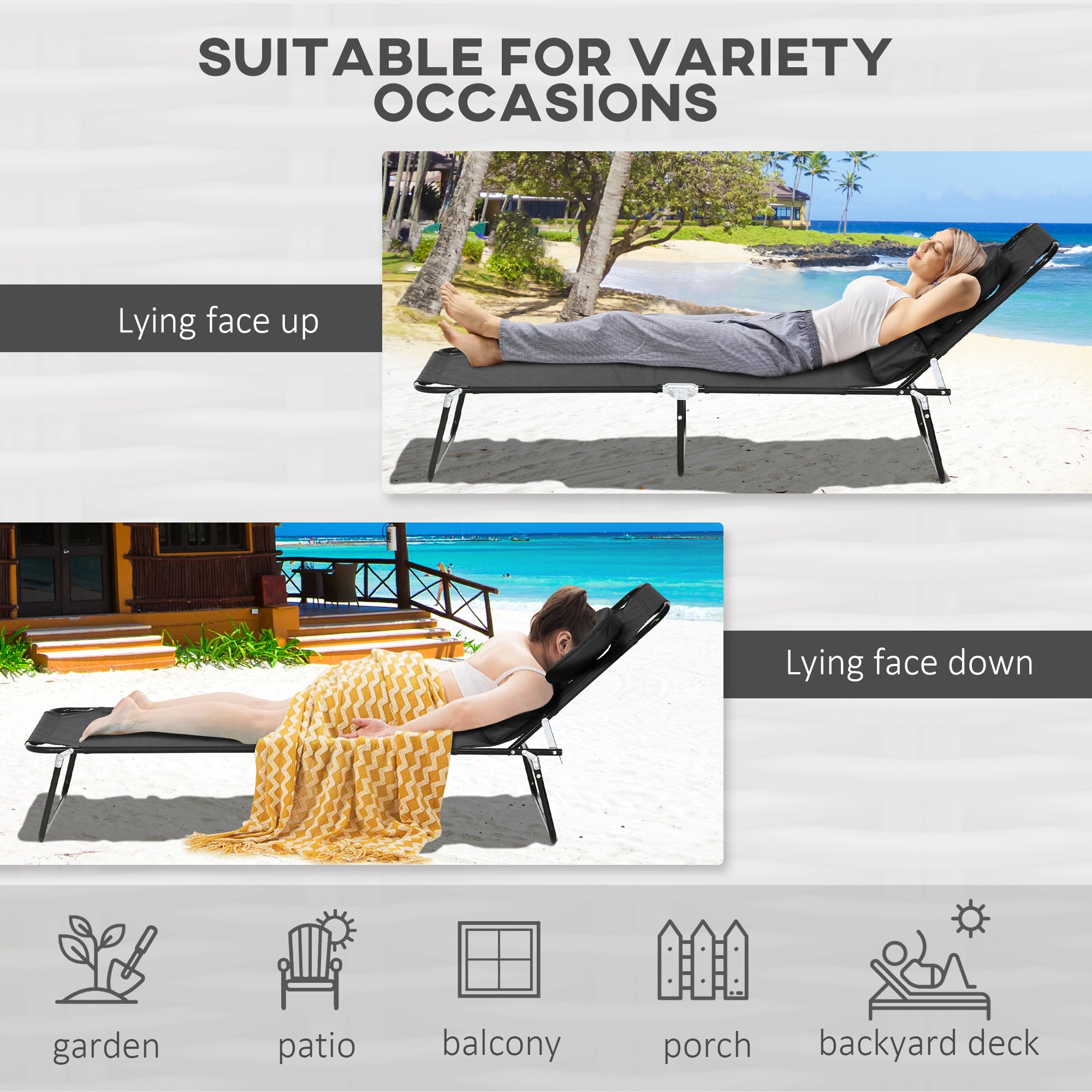Folding Lounge Chair Set of 2, Reclining Beach Tanning Chair with Face Hole, Pillow, 4-Position Adjustable Flat Sun Lounger, Steel Frame for Outdoor Patio Pool, Black