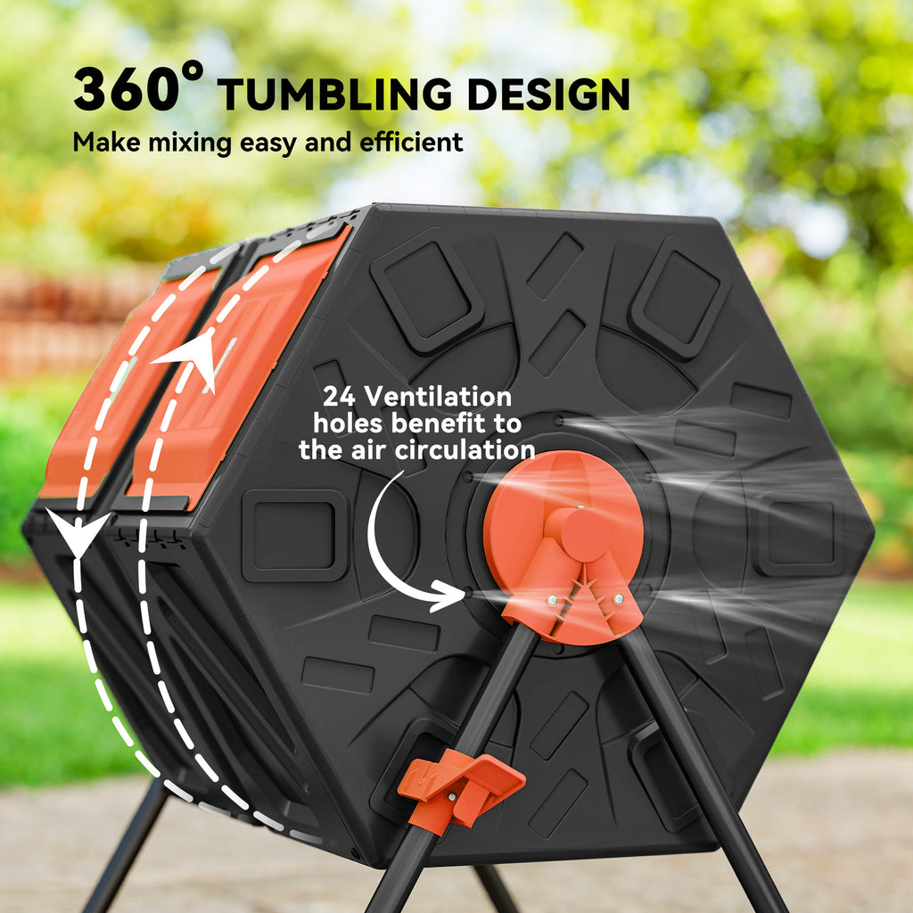 Rotating Composter, Dual Chamber Compost Bin with 24 Vents and Steel Legs, 34.5 Gallon, Orange