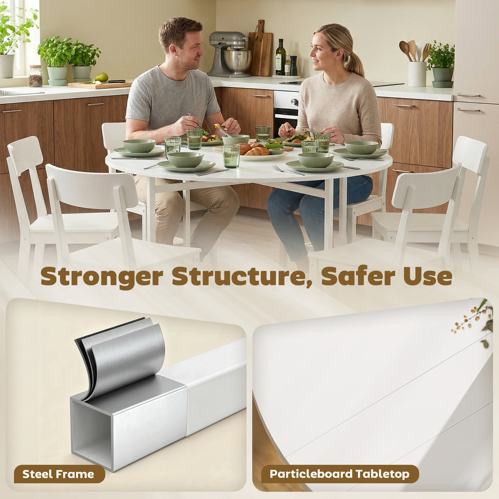 Folding Dining Table for 3-6 People, 47" Round Drop Leaf Kitchen Table with Steel Frame, White