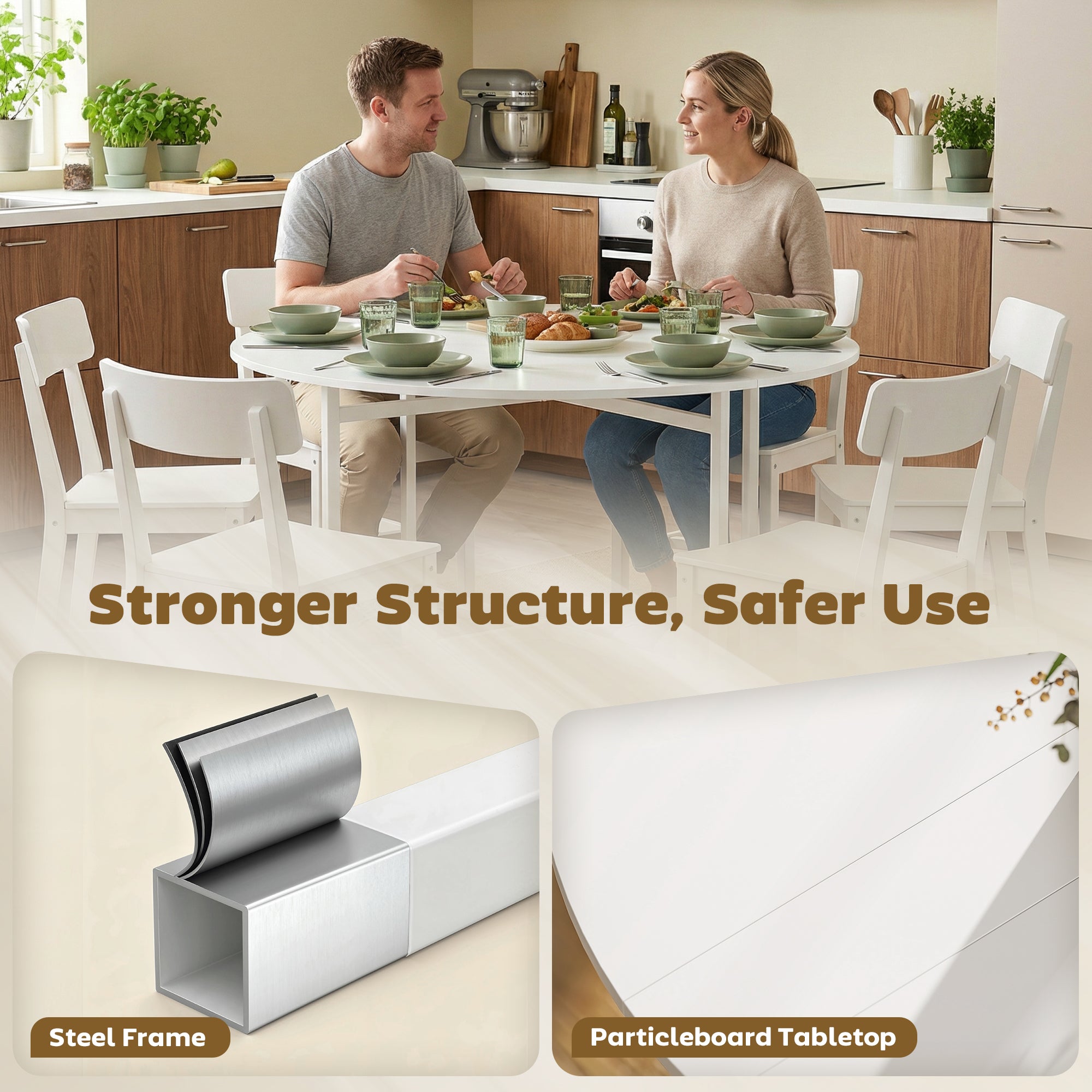 Folding Dining Table for 3-6 People, 47" Round Drop Leaf Kitchen Table with Steel Frame, White