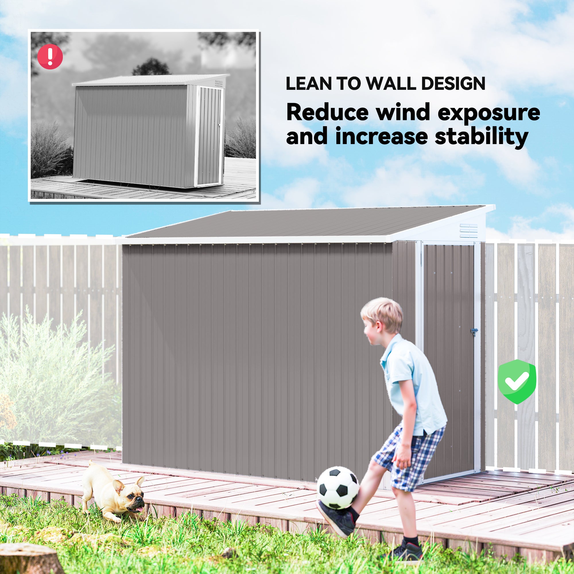 4' x 8' Outdoor Storage Shed Lean to Shed Outdoor Metal Tool Shed with Lockable Door and Air Vents, Light Grey