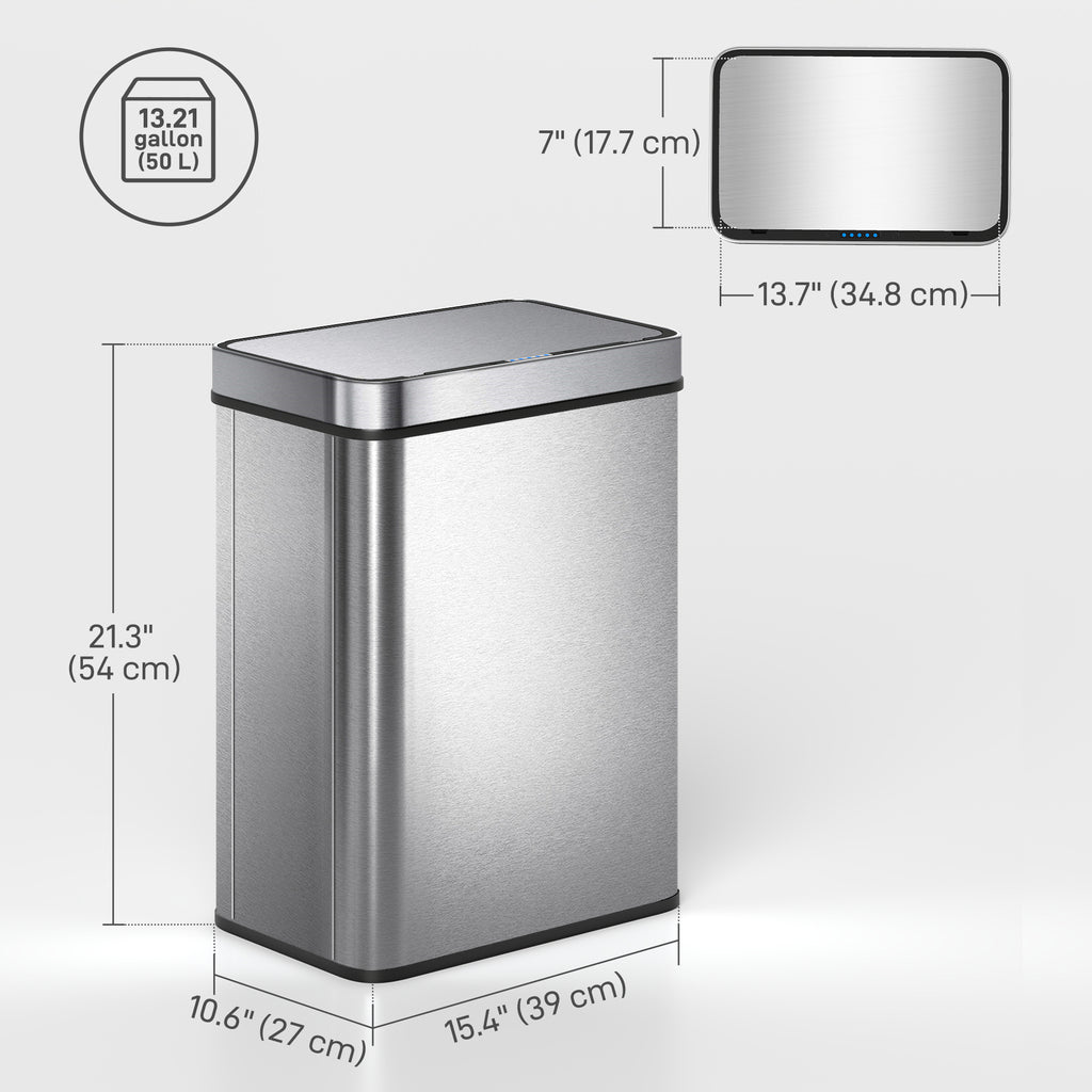 13.2 Gallon Sensor Can, Automatic Garbage Can with Soft-Close Lid, Fingerprint-Proof Stainless Steel, Silver