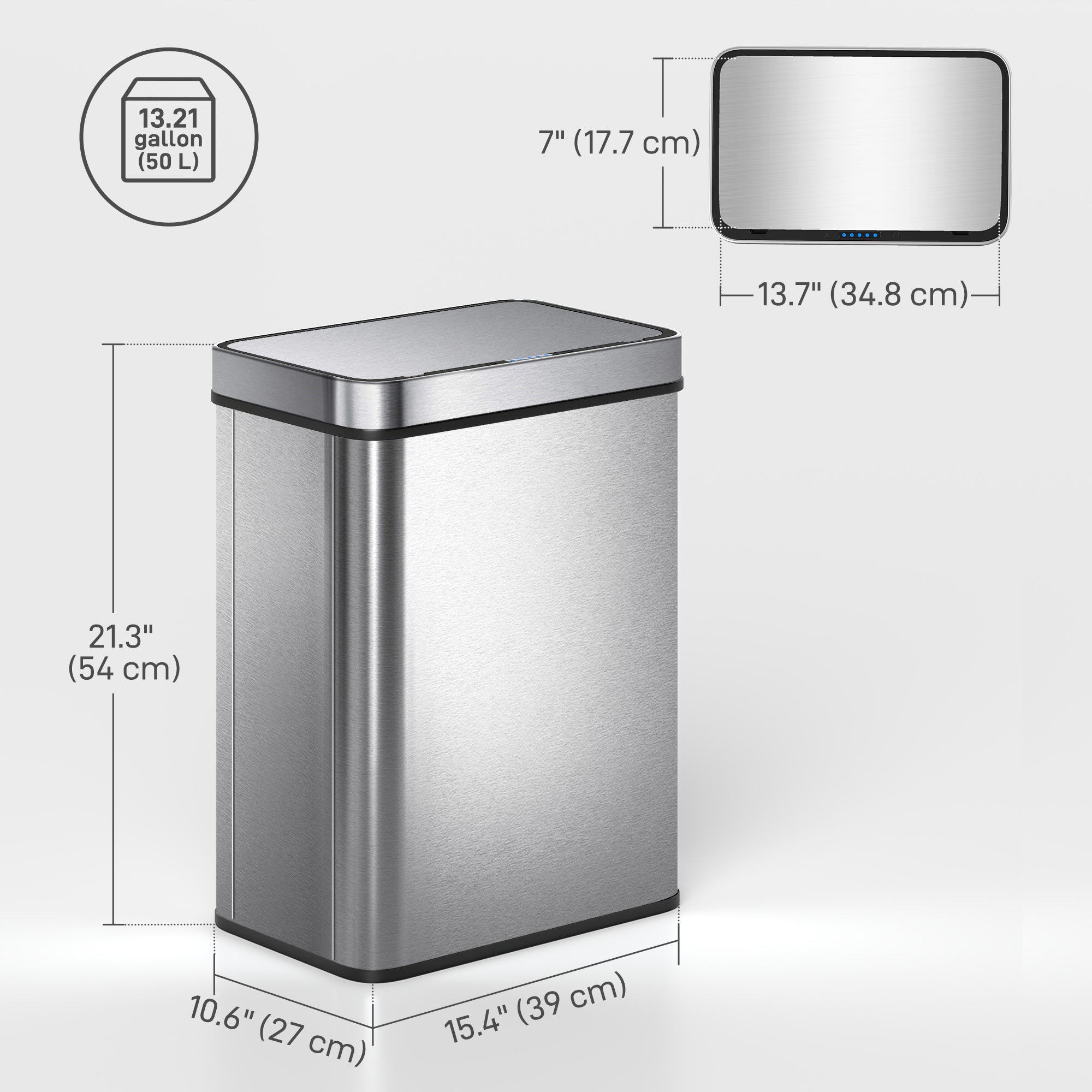 13.2 Gallon Sensor Can, Automatic Garbage Can with Soft-Close Lid, Fingerprint-Proof Stainless Steel, Silver