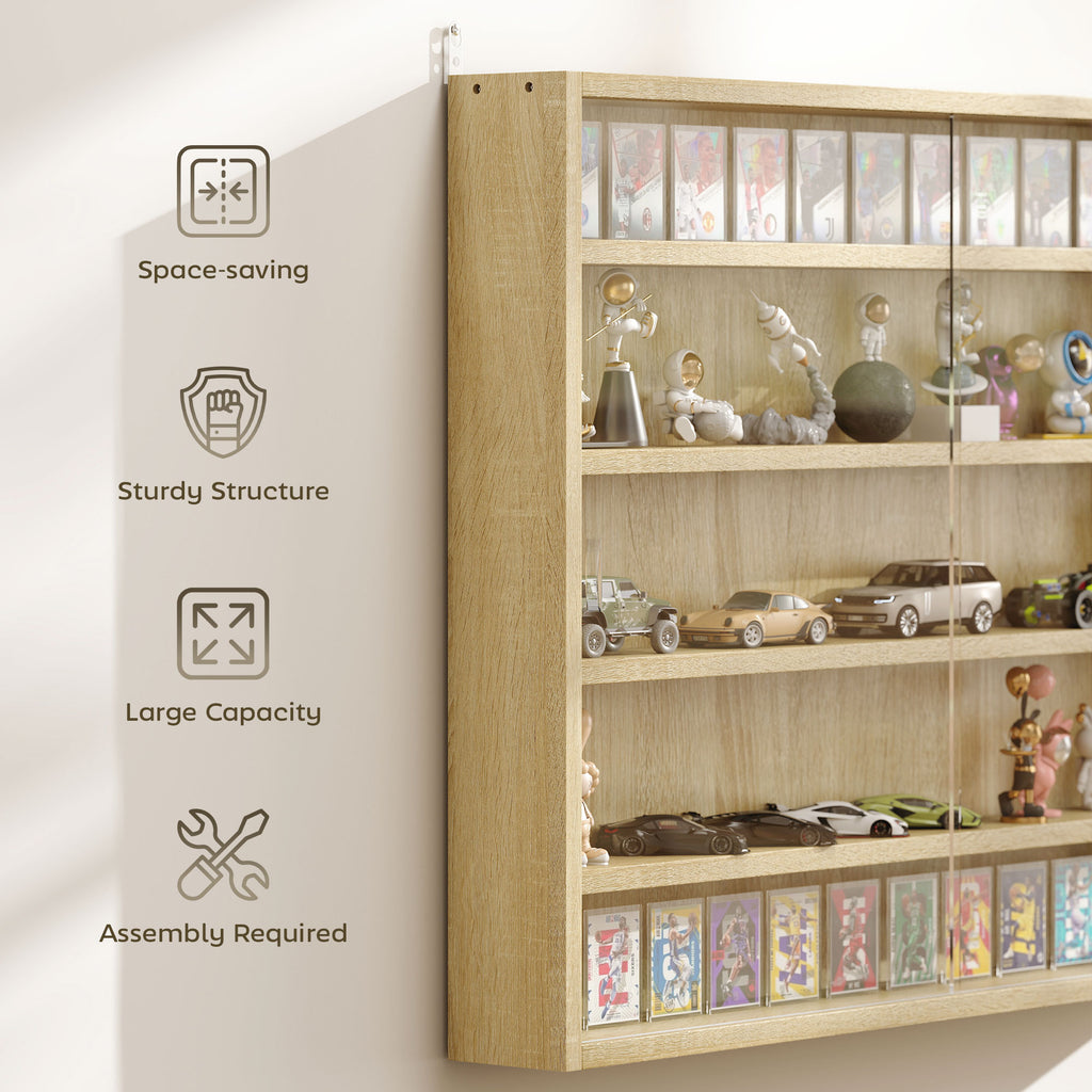 5-storey Display Cabinet, Shot Glass Display Case, Glass Curio Cabinet with 2 Glass Doors and 4 Adjustable Shelves, Oak