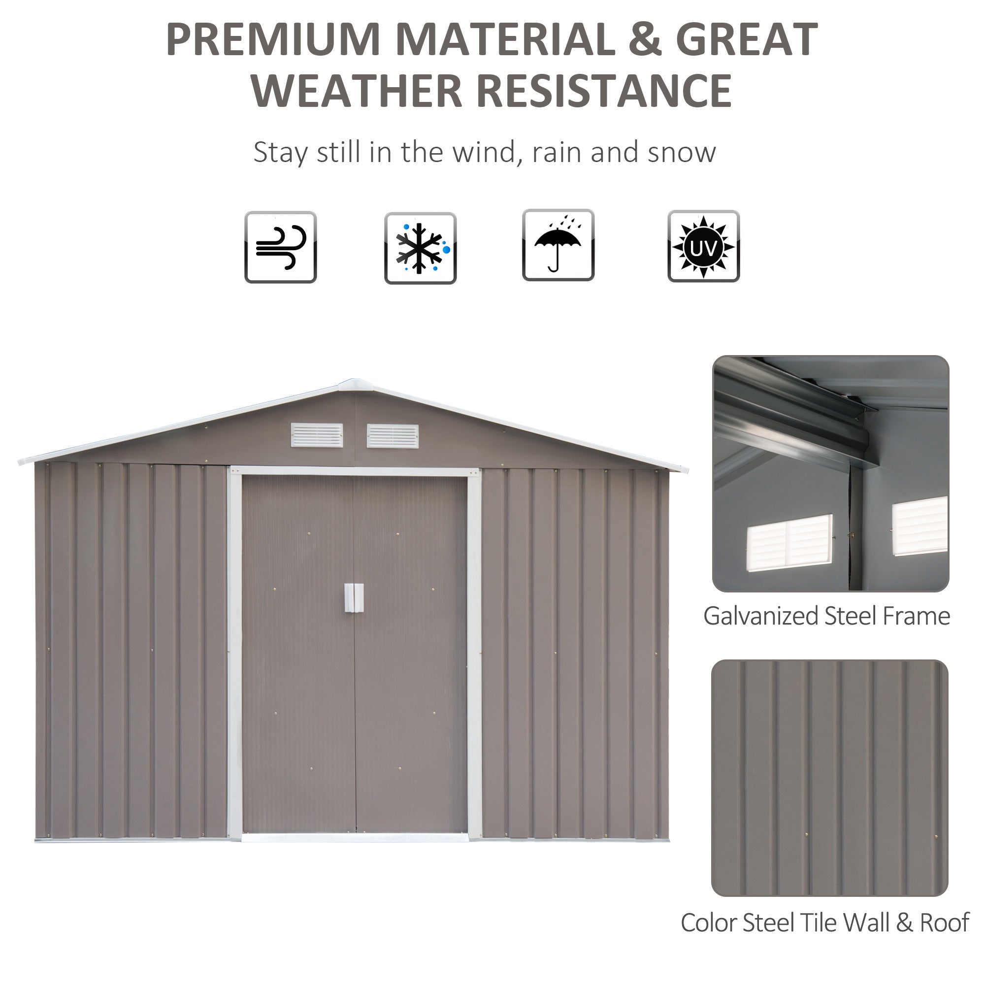 9'x6.3'Garden Storage Outdoor Shed w/ Floor Foundation Outdoor Yard Metal Tool Storage House Grey White