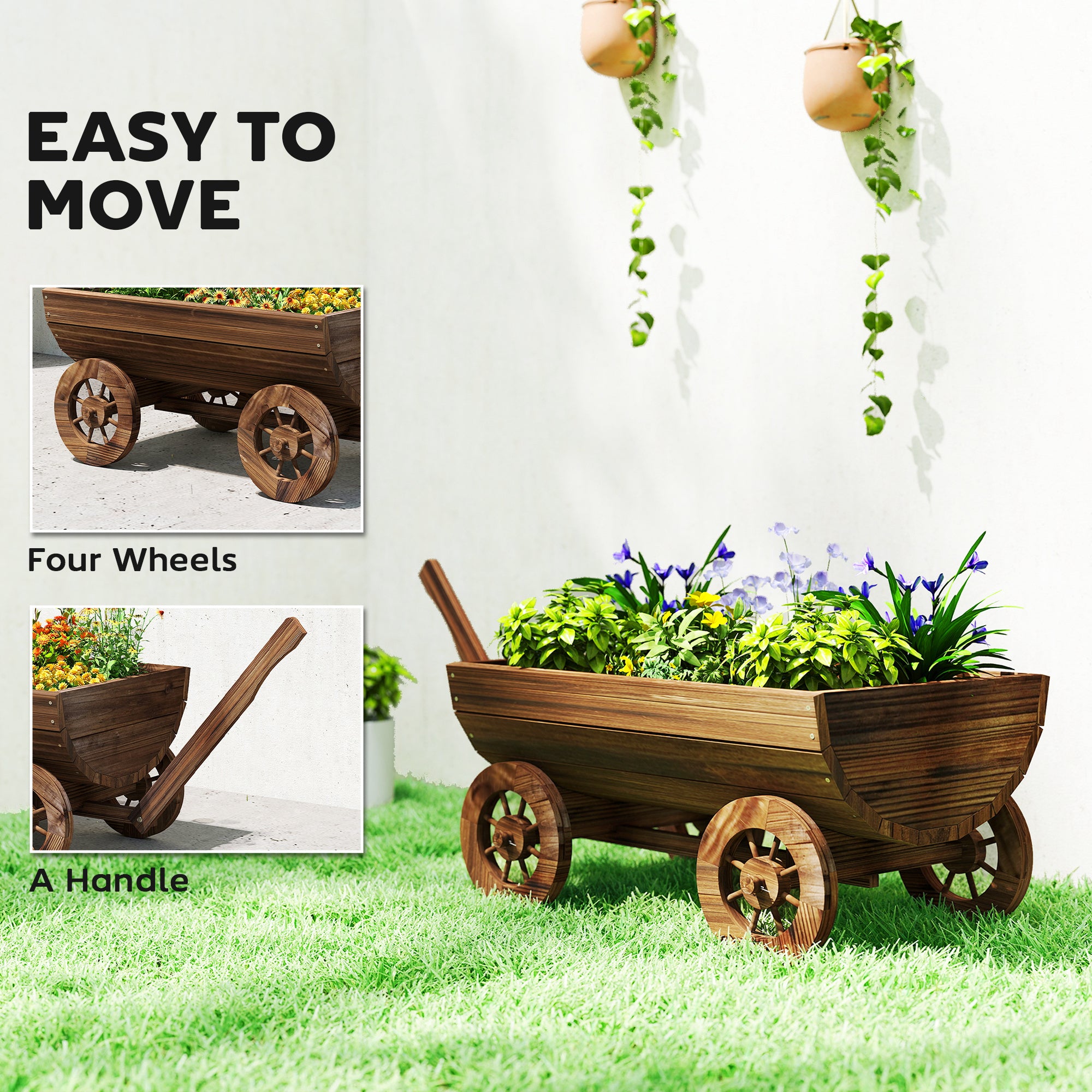 Wooden Wagon Planter Box, Mobile Garden Planter with 4 Wheels, Small Wheelbarrow Wagon Flower Cart with Drainage Holes